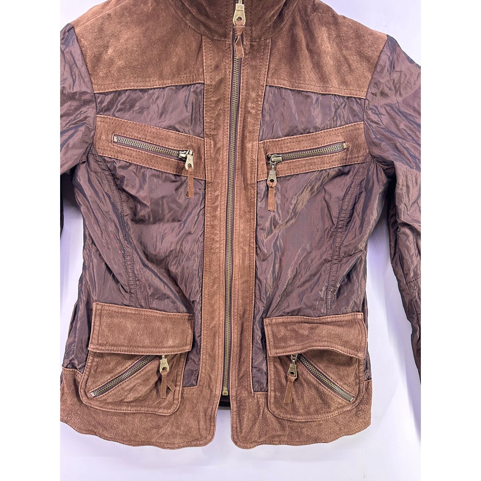 & Other Stories Vintage Chicos Brown Leather Suede Trim Nylon Jacket Size 0 Size XS / US 0-2 / IT 36-38 - 7 Thumbnail