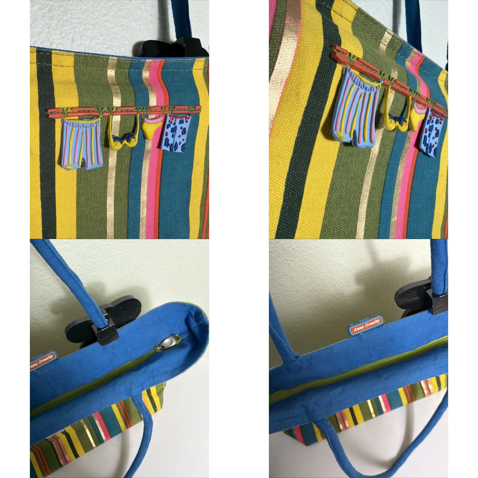 Annex Anne Ormsby Beach Scene Zip Beach Bag Tote Xtra Large Green Boho Size ONE SIZE - 10 Thumbnail