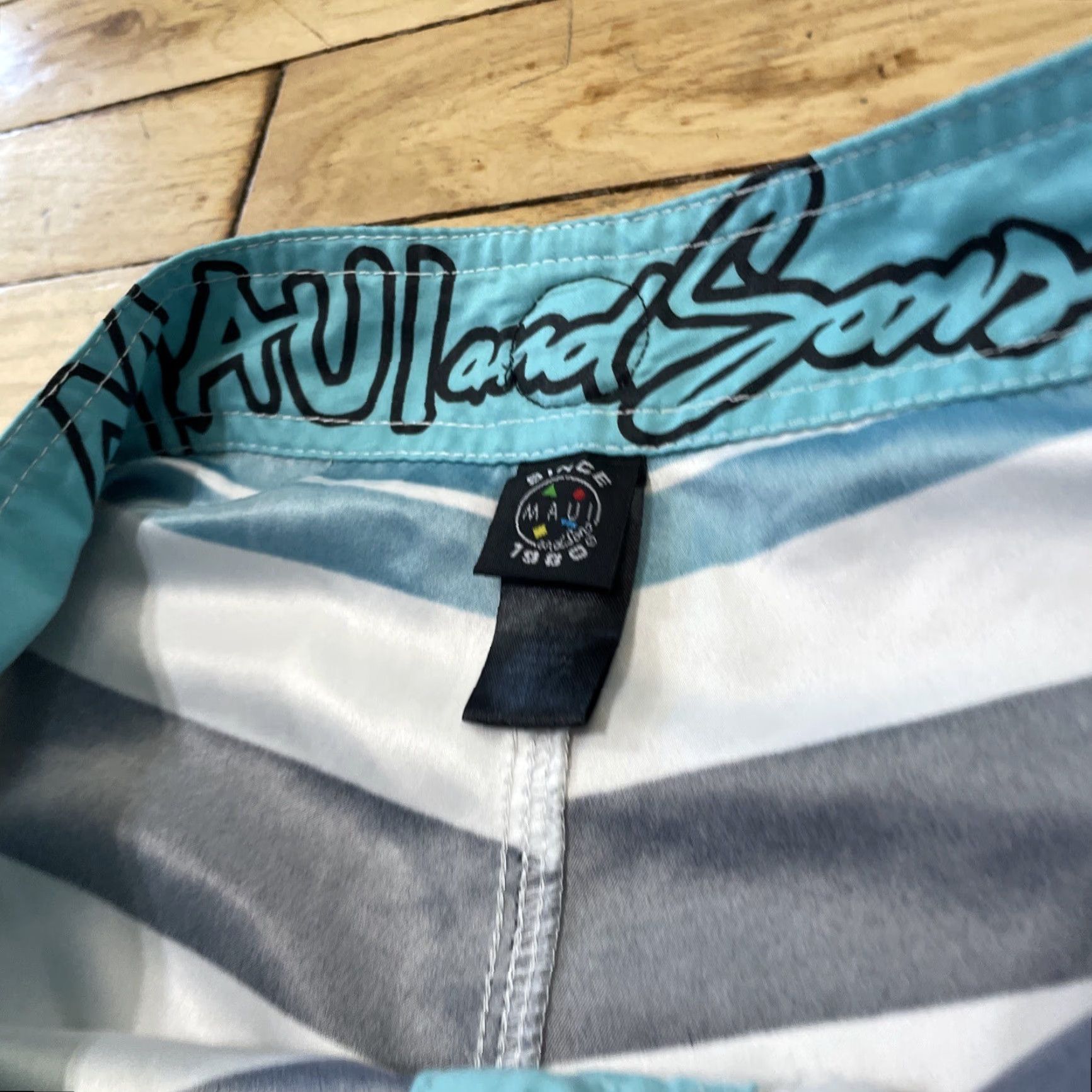 AQUA VINTAGE Maui and Sons Swim Trunks Mens 30 Teal Blue Aqua White Striped Surf Board Shorts Size US 30 / EU 46 - 4 Thumbnail