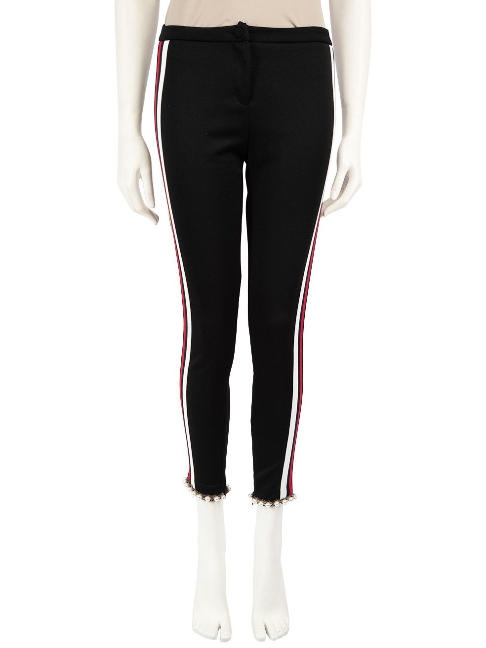 image of Gucci Black Faux Pearl Trim Web Tape Trousers, Women's (Size 26)