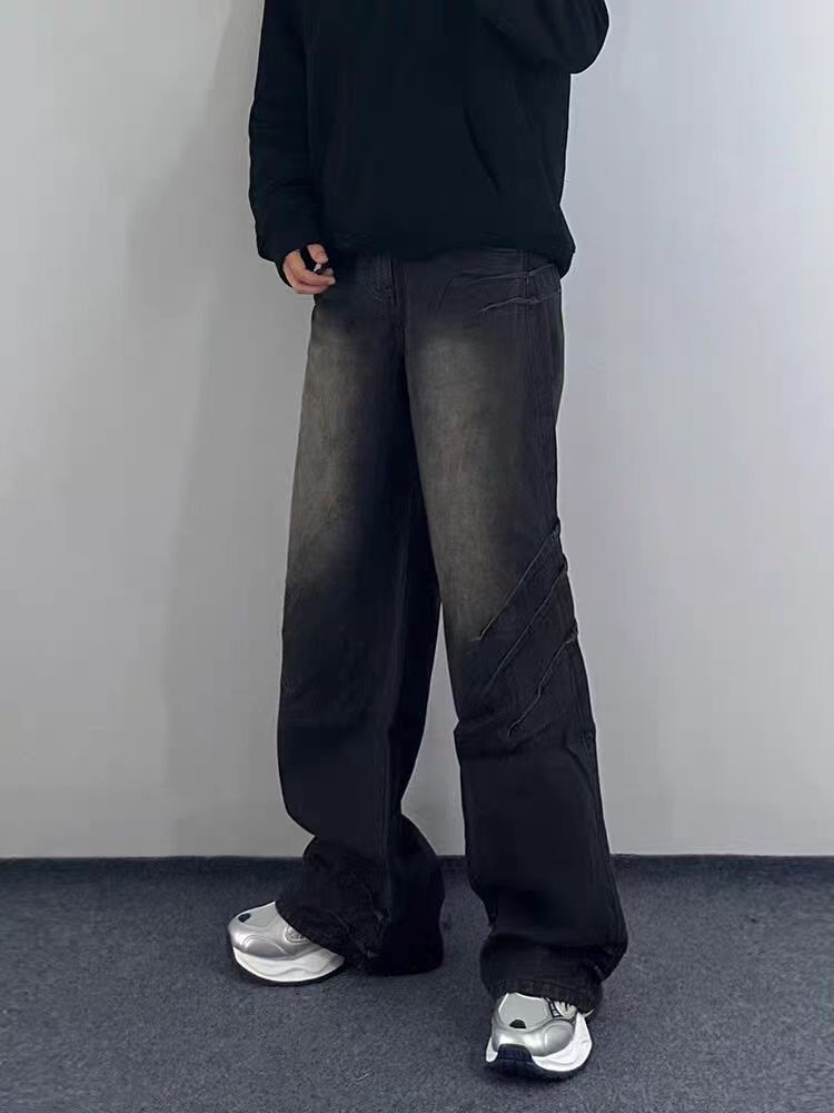 image of Retro Street Faded Hip Hop Wide Leg Jeans in Washed Black/Brown, Men's (Size 32)