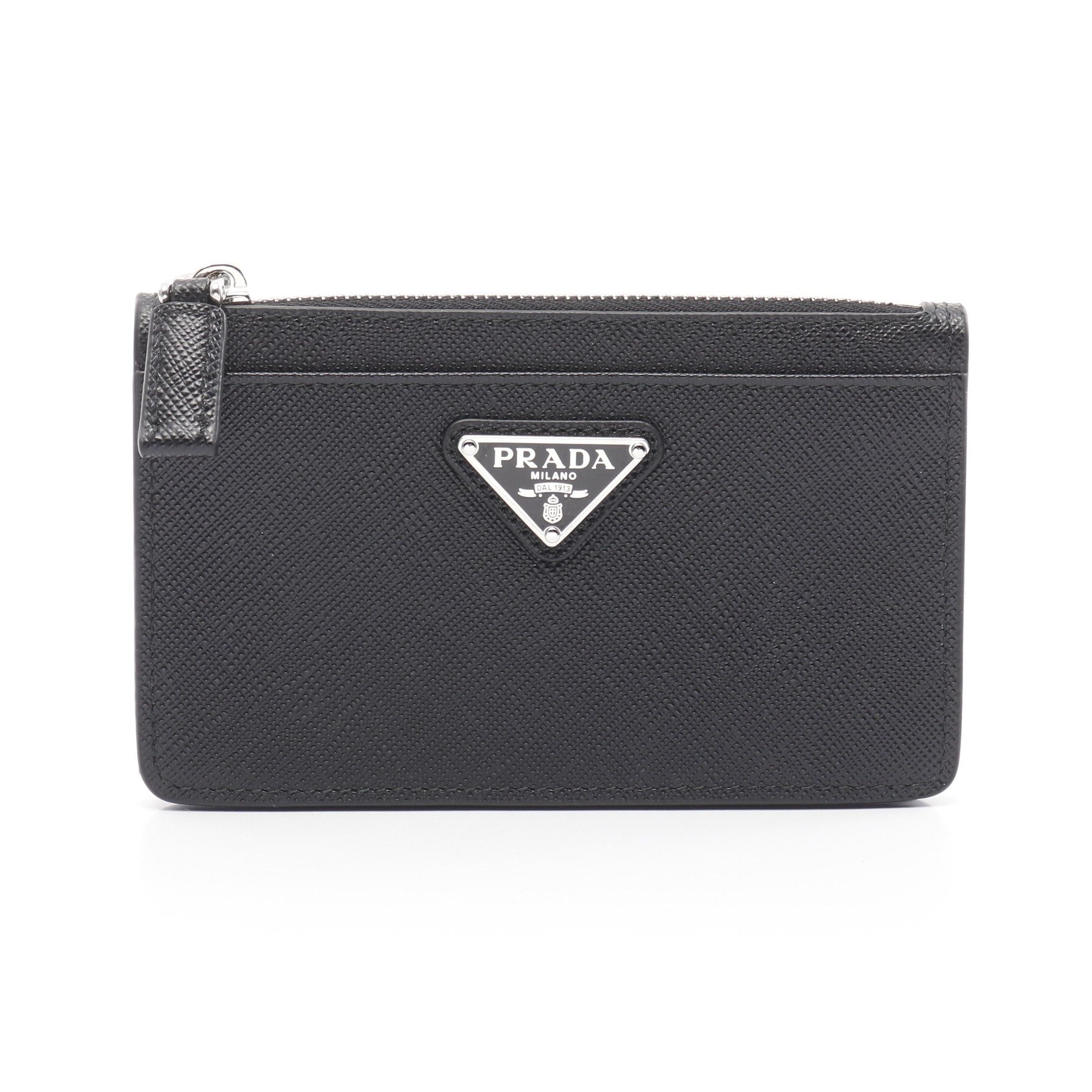 Prada Saffiano Triangolo Card Case Coin Purse Leather Black, Women's