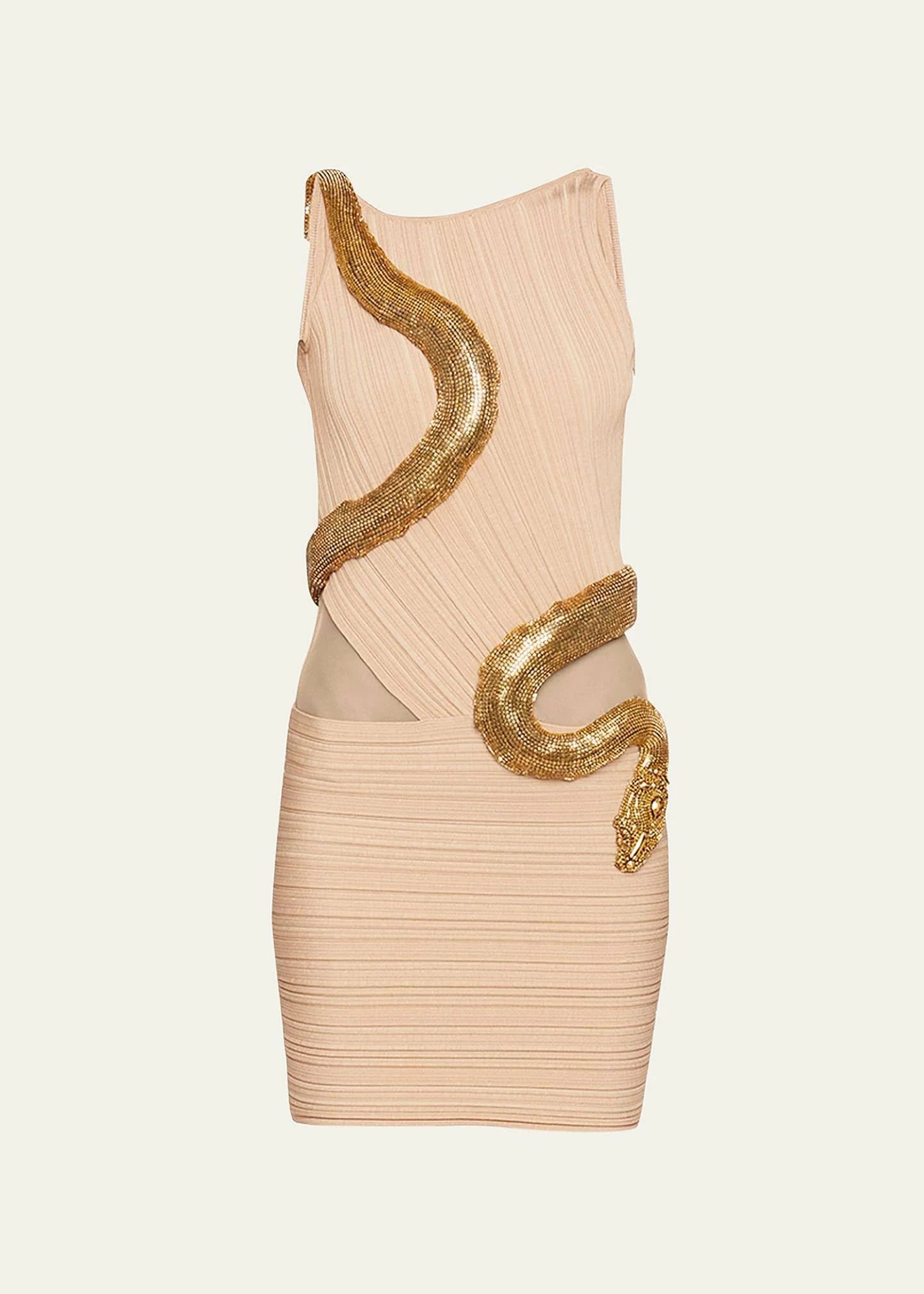 image of Balmain O1Srvl11E0524 Embellished Snake Mini Dress In Beige, Women's (Size XL)