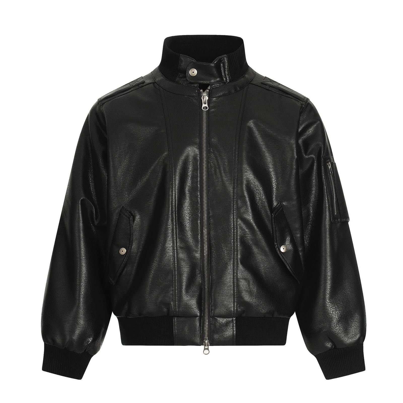 Japanese Brand Black Faux Leather Bomber Jacket, Relaxed Fit Outerwear Size US L / EU 52-54 / 3 - 3 Thumbnail