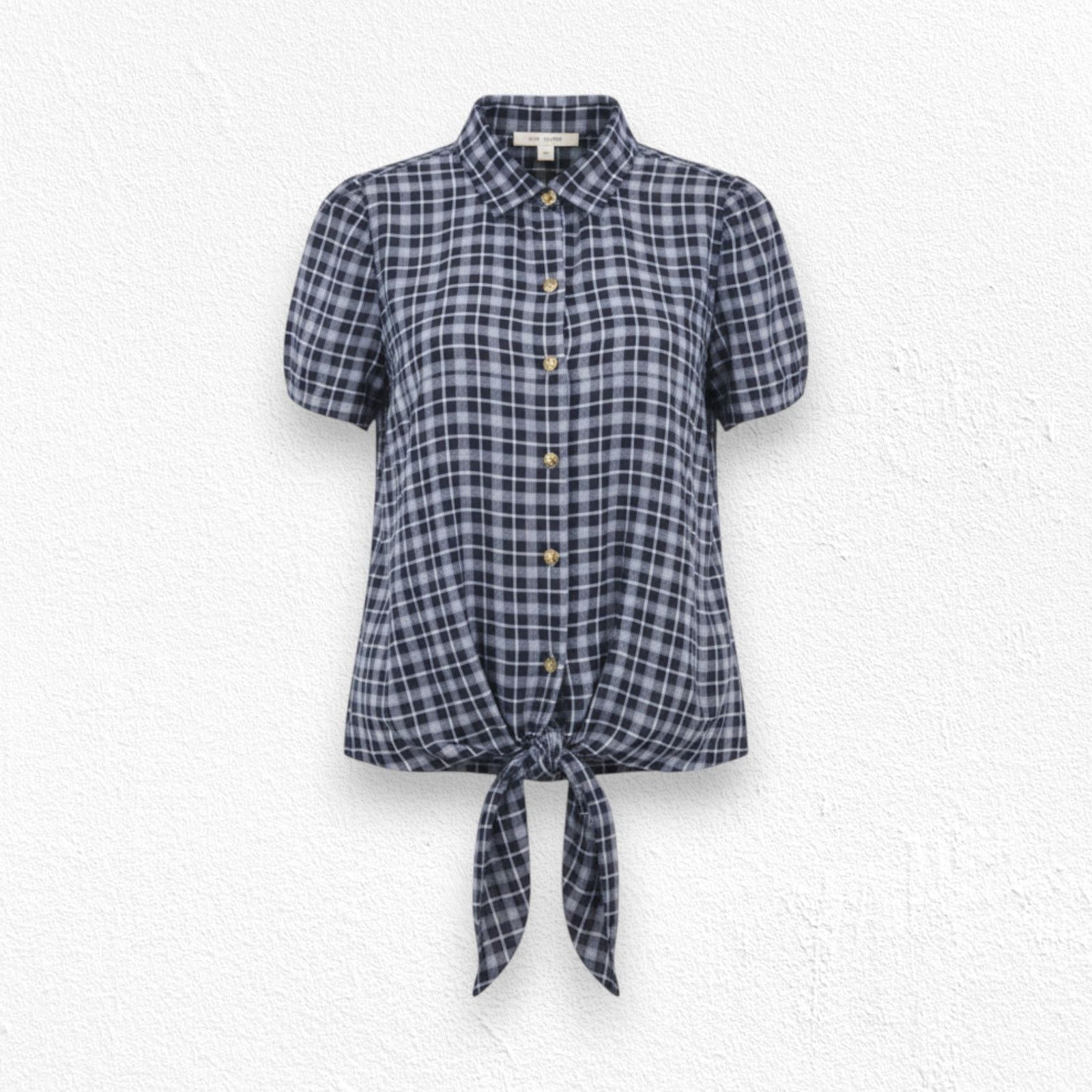 Other Paper Crown Navy Plaid Tie-Front Short Sleeve Top Size XS Size XS / US 0-2 / IT 36-38 - 1 Thumbnail