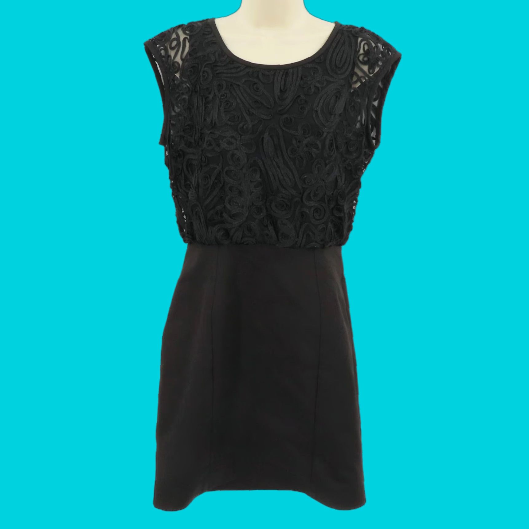 Vintage Andrew Marc New York Women Dress Sheath 8 Black Ribbon Swirl Sleeveless Cocktail Dress Knee Length Size M / US 6-8 / IT 42-44 - 1 Thumbnail