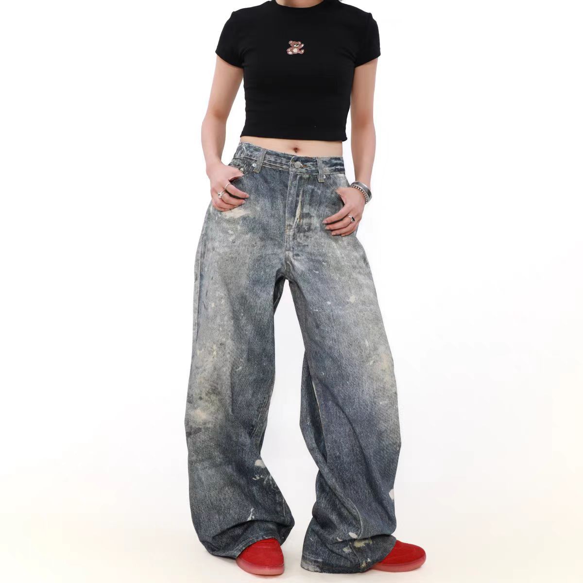 Japanese Brand × Jean High Street Washed Splattered Ink Dirty Loose Jeans Size US 31 - 5 Thumbnail