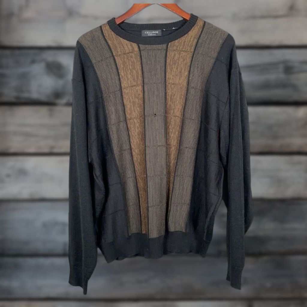 Vintage Cellinni Collezione Wool Blend Sweater Adult XL Black Textured Stripe Knit Crew Neck Pullover Mens Size US XL / EU 56 / 4 - 1 Thumbnail