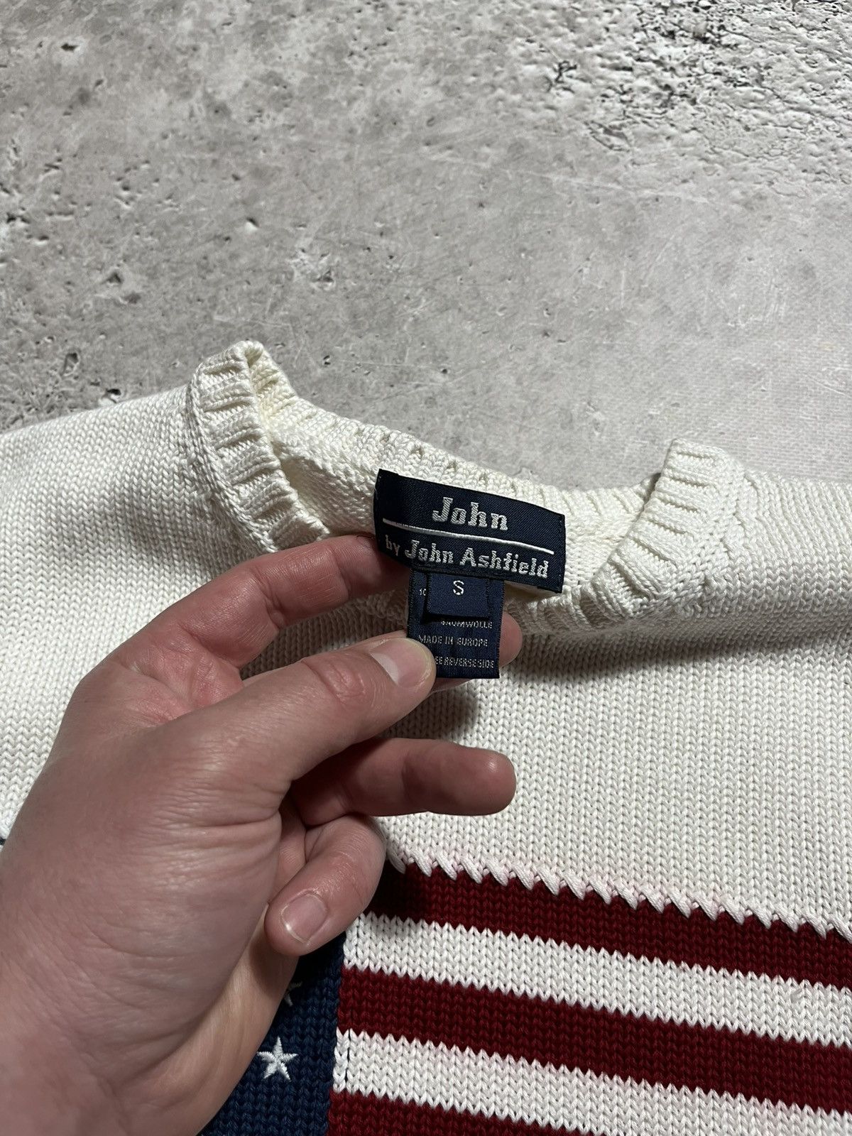 Vintage John Ashfield White Knit Sweater with USA Flag Patch - Small Size US S / EU 44-46 / 1 - 5 Thumbnail