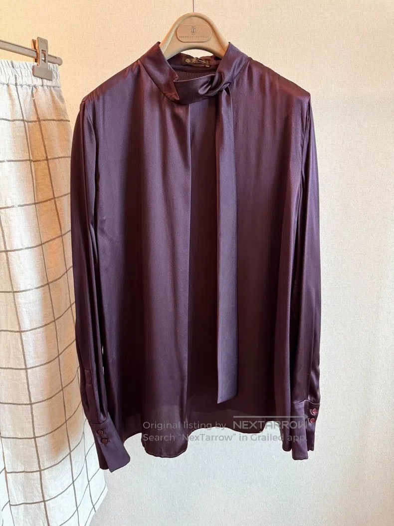 Loro Piana Loro Piana Dark purple satin silk top with a flowing ribbo Size M / US 6-8 / IT 42-44 - 1 Thumbnail