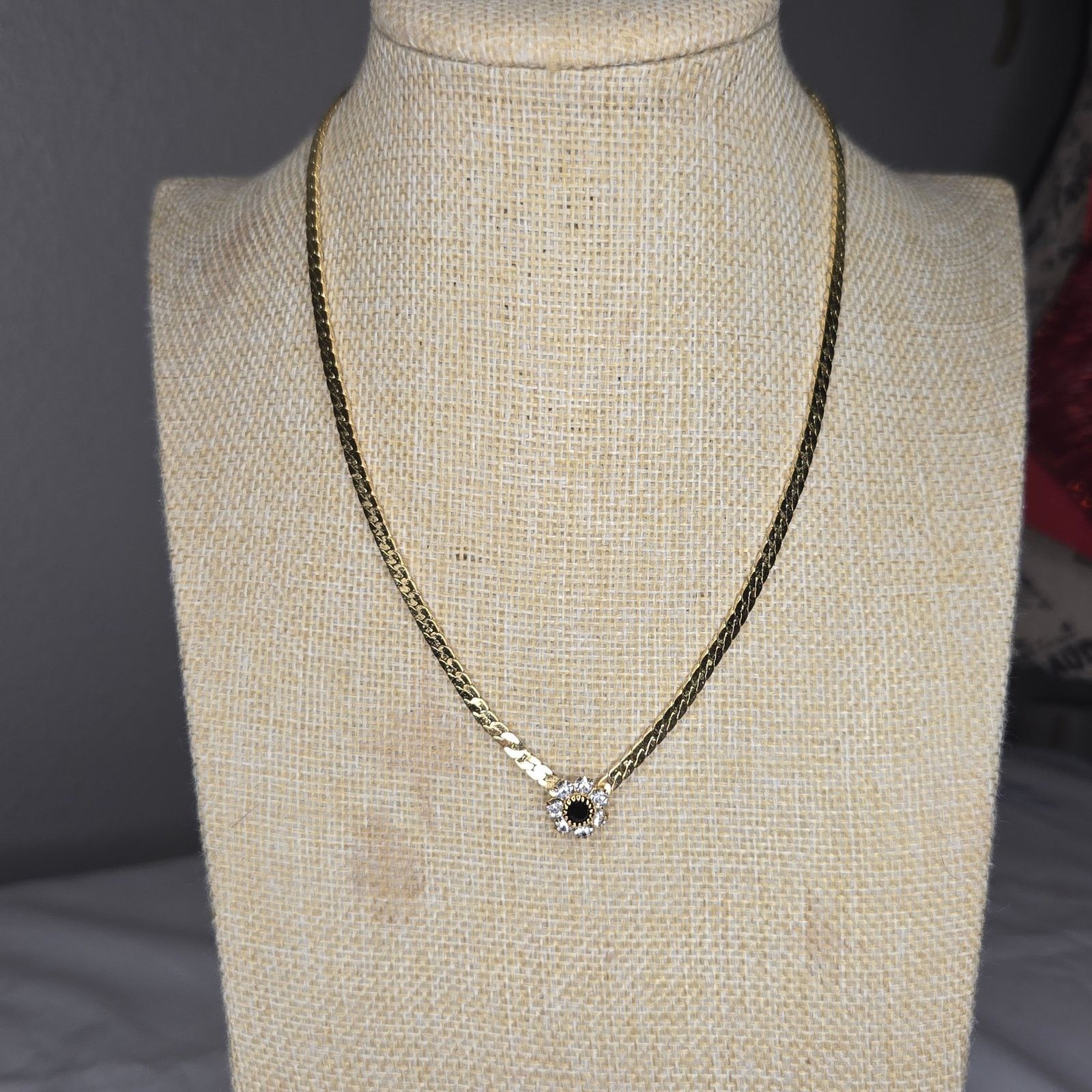 Vintage Vintage Gold Tone Rhinestone Flower Choker Herringbone Chain Size ONE SIZE - 2 Thumbnail