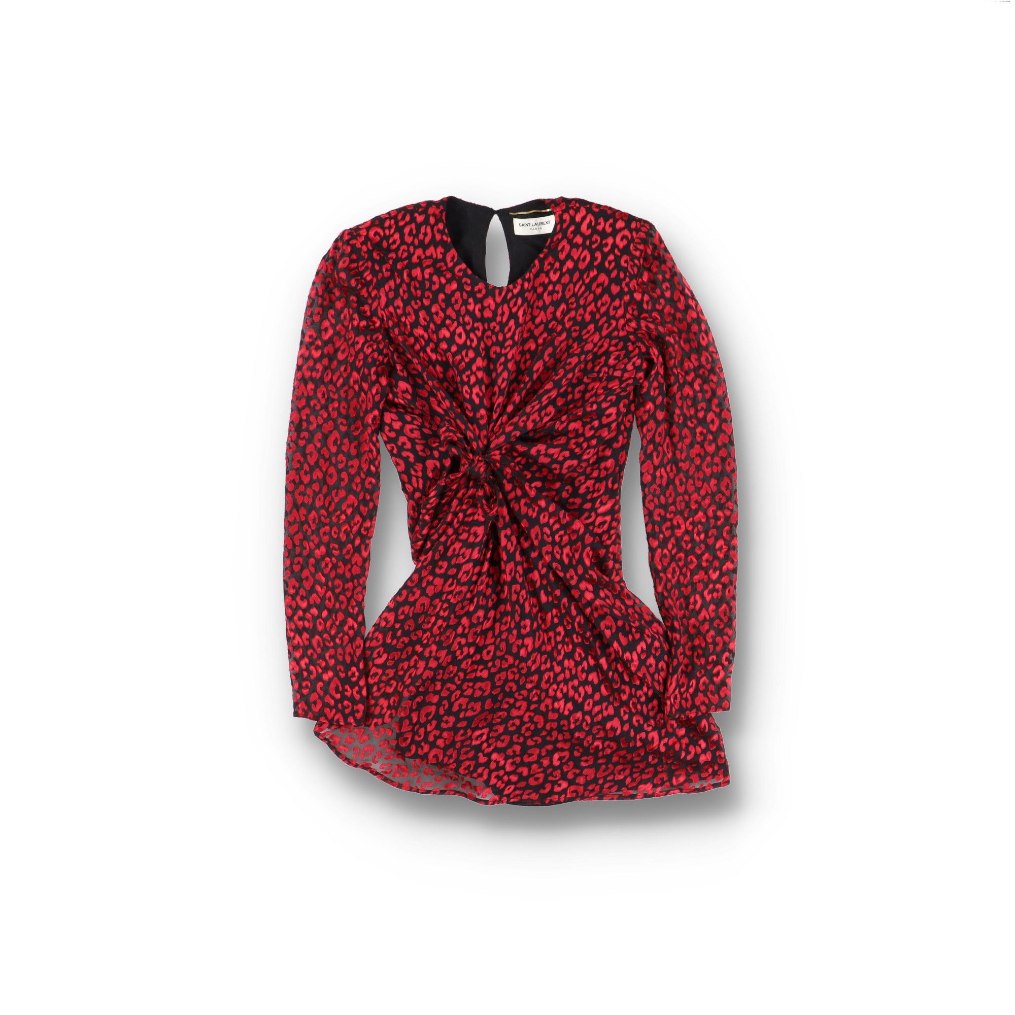 Saint Laurent Paris Red Leopard Print Tie-Up Silk Mini Dress Size S / US 4 / IT 40 - 1 Thumbnail