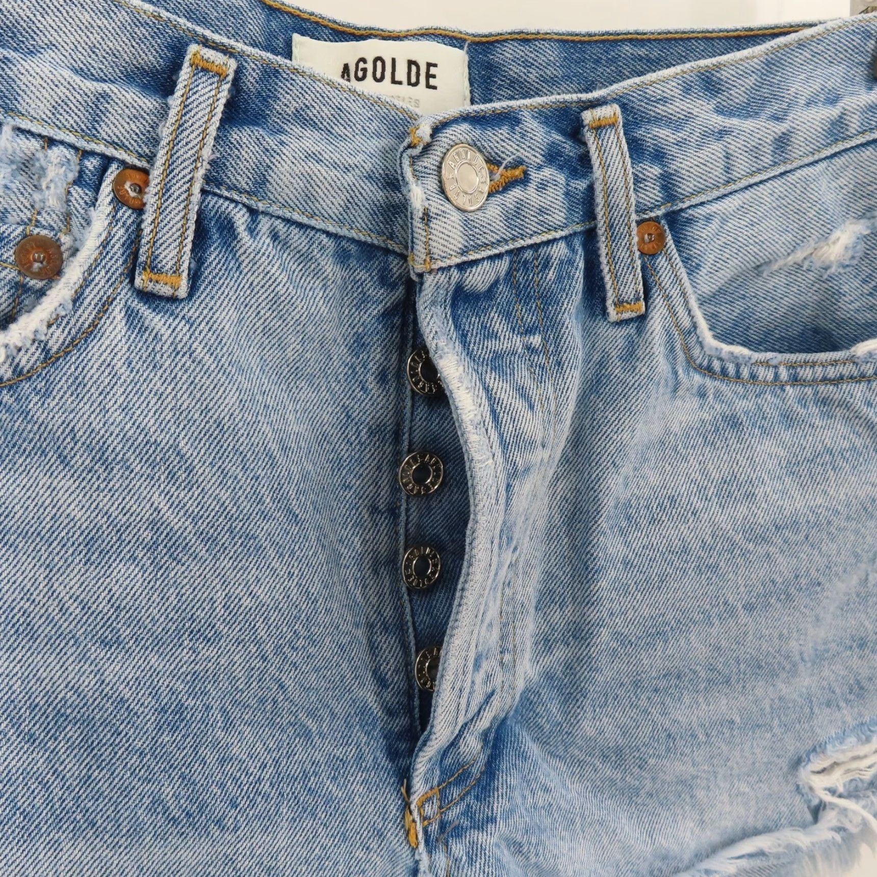Agolde Agolde Parker Button Fly Distressed Raw Hem Blue Denim Jean Shorts Womens 25 Regular Cotton 100% Cotton Short Cut-Off Jeans Size 42" / US 20 - 4 Thumbnail