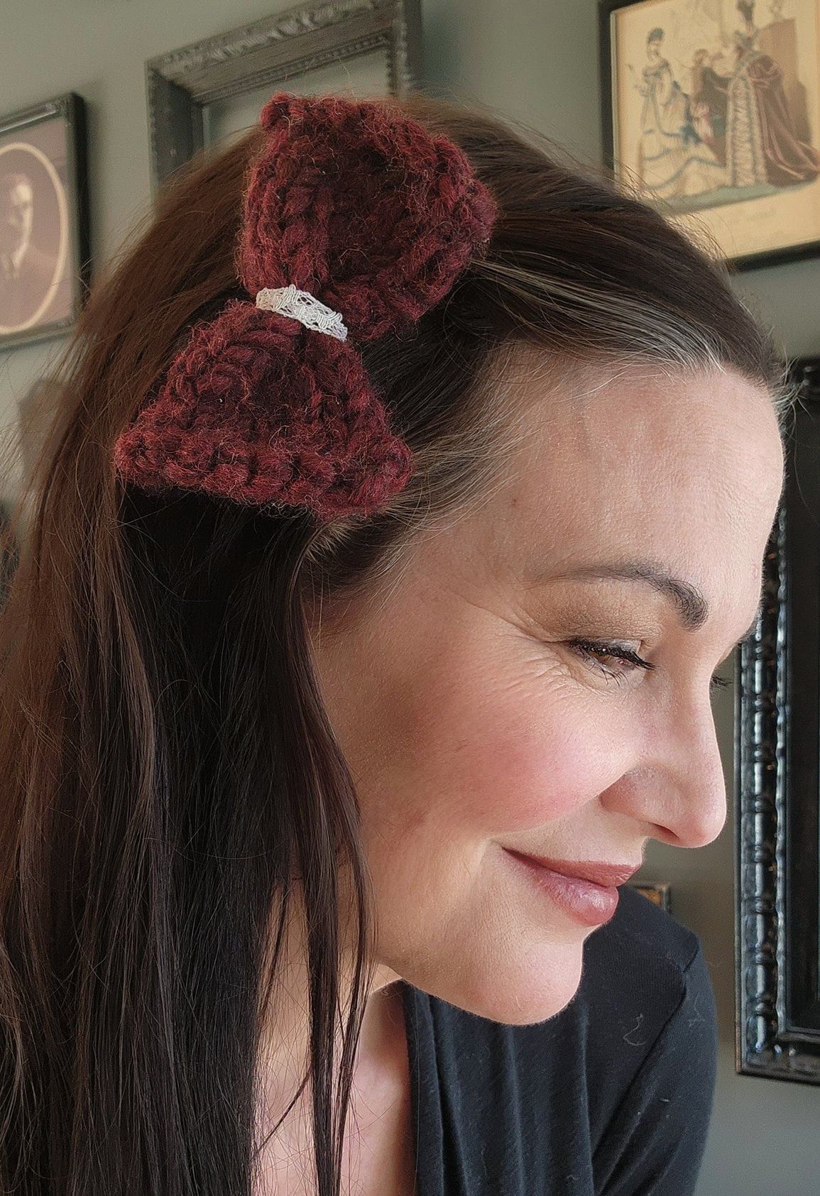 Handmade Hand Knit Hair Bow on Clip, Dark Red with Vintage White Lace Size ONE SIZE - 7 Thumbnail