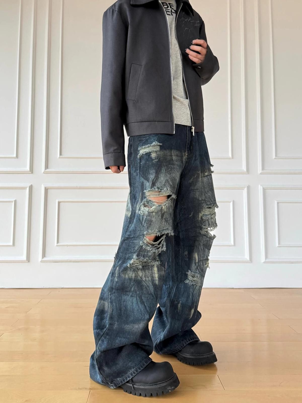 Japanese Brand Ripped Painted Baggy Wide Leg Denim Jeans Size US 30 / EU 46 - 1 Thumbnail