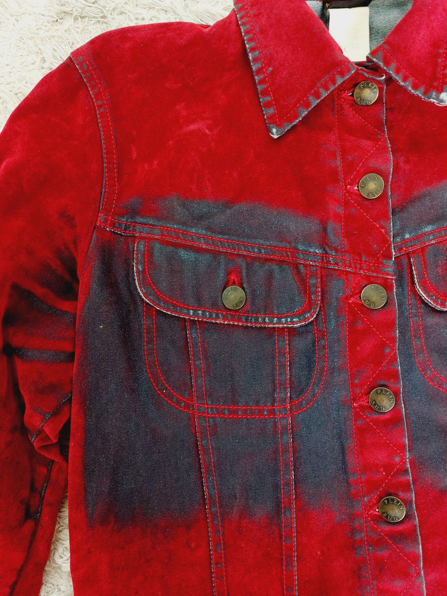 plein sud Plein Sud Red Blood Velvet Shadow Tar Denim Jacket Size M / US 6-8 / IT 42-44 - 4 Thumbnail