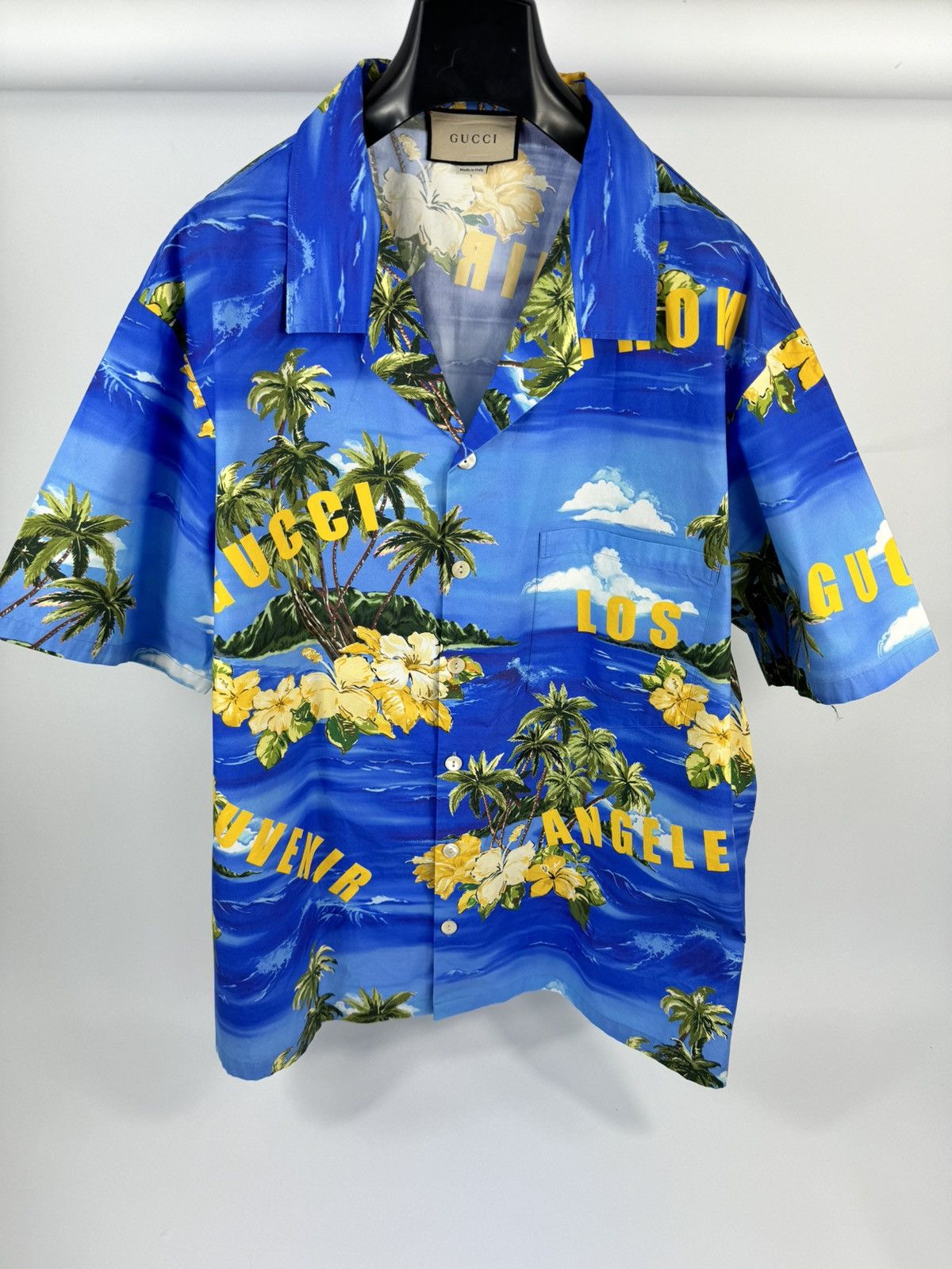 image of Gucci La Palm Tree Print Oversized Bowling Shirt in Blue, Men's (Size 2XL)