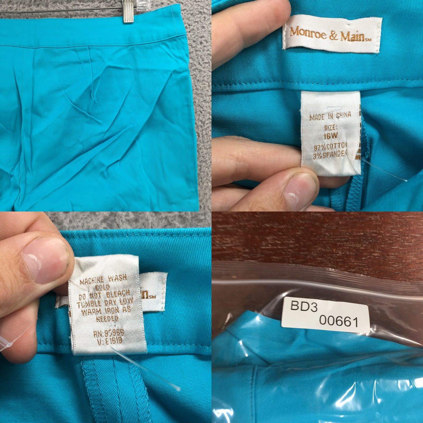 Vintage Monroe & Main Capris Pants Womens 16W Teal Blue Button Hem Mid Rise Zip Fly Capris, 16W, Blue, Womens Size 38" / US 16 / IT 52 - 9 Thumbnail