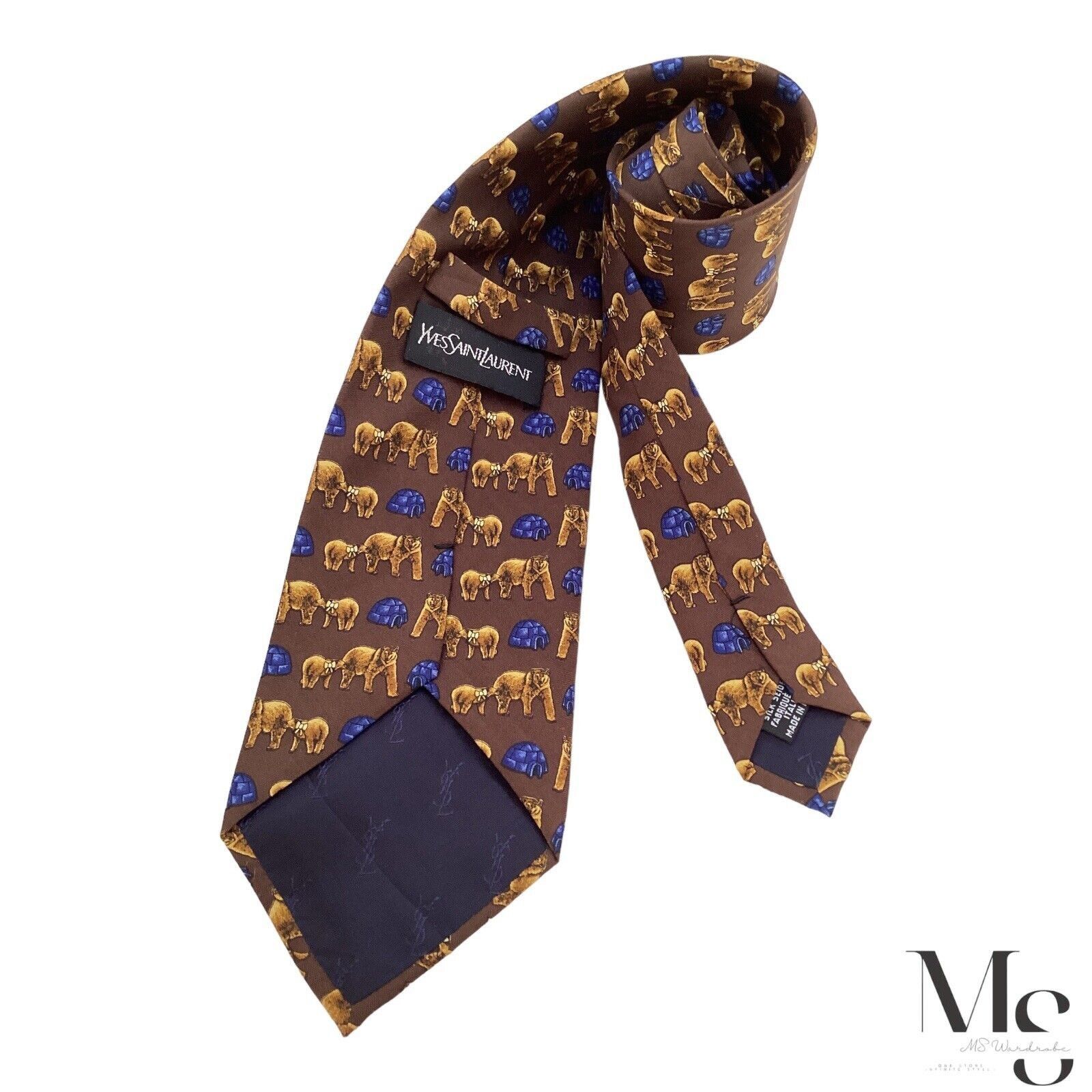 Yves Saint Laurent YVES SAINT LAURENT Brown Bear & Igloo Print Silk Tie Italy Size ONE SIZE - 2 Thumbnail