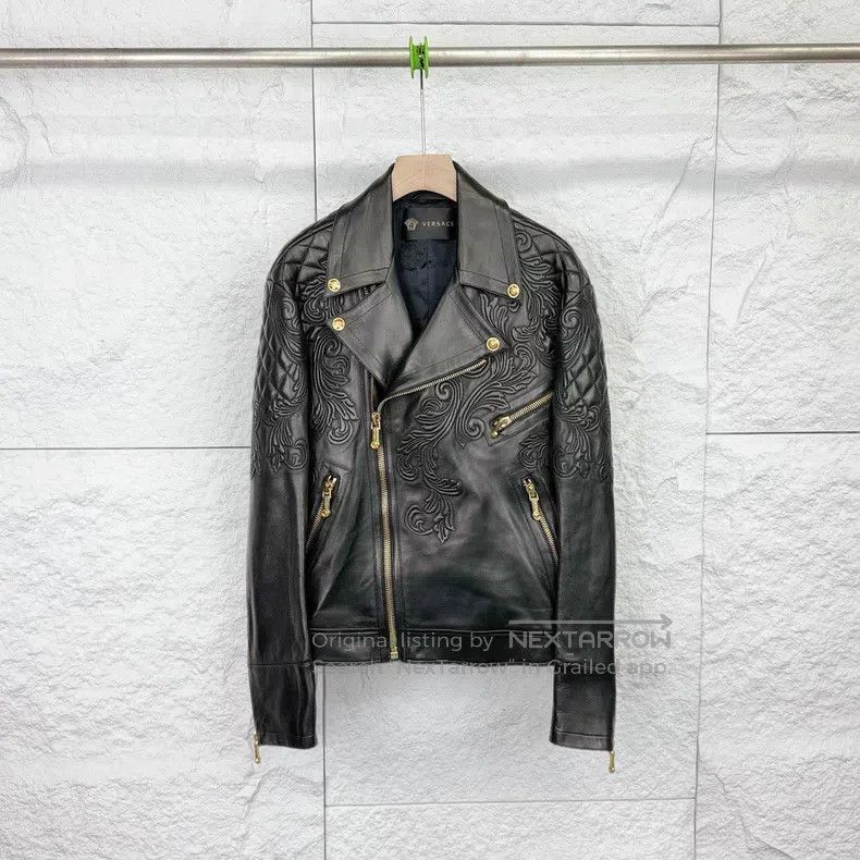 Versace Black embroidered lapel long-sleeved leather jacke