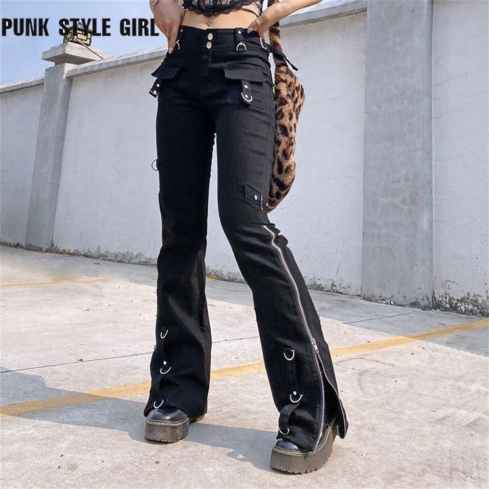 Designer × Japanese Brand × Vintage Punk Goth Rings Rivets Eyelet Zippers Slit Flare Trousers Size 26" / US 2 / IT 38 - 1 Thumbnail