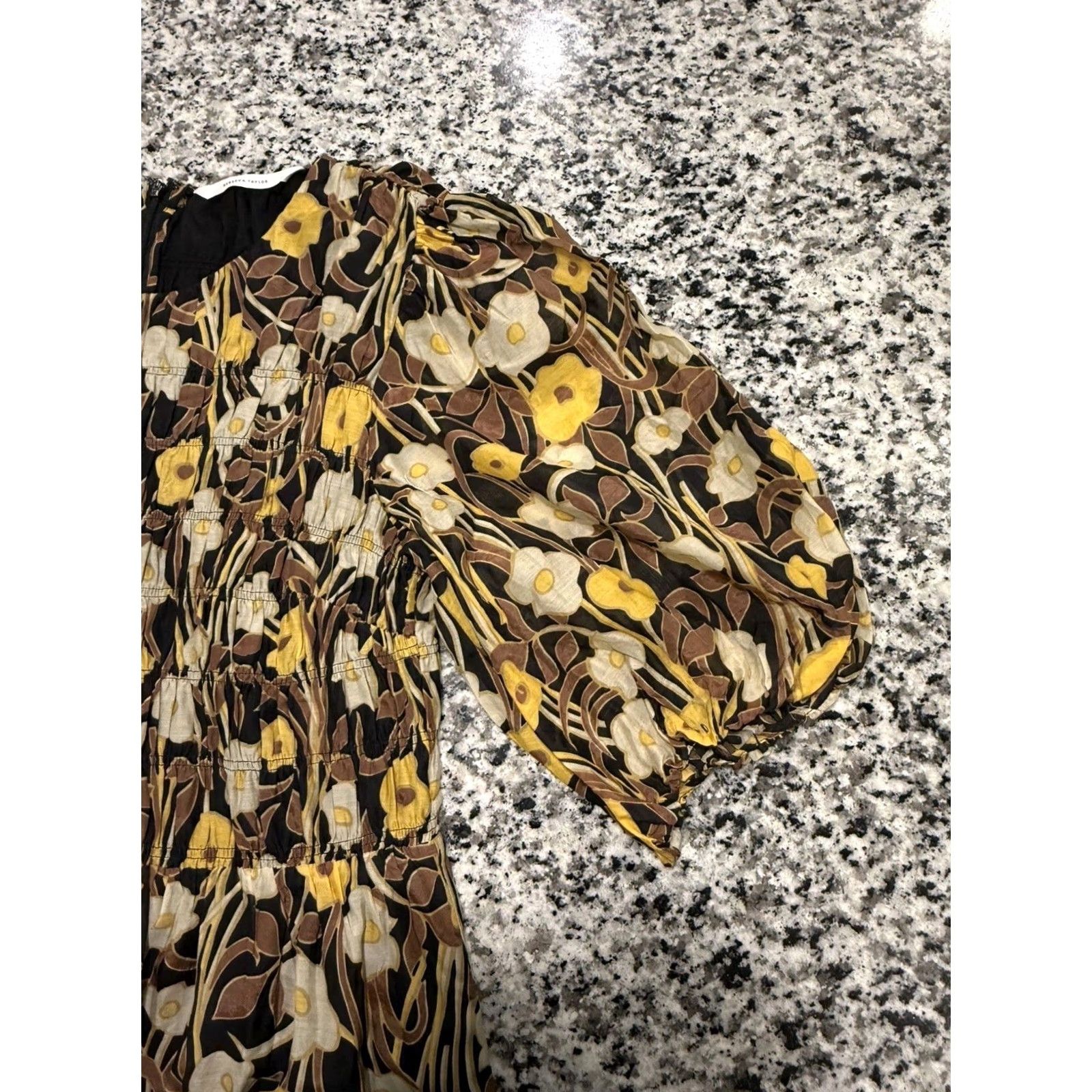Rebecca Taylor Rebecca Taylor Daphne Fleur Ruched Puff Sleeve Silk Blend Floral Dress XL Yellow Midi Womens Buttonless Pullover Smocked Preppy Shirt Dress Size XL / US 12-14 / IT 48-50 - 6 Thumbnail