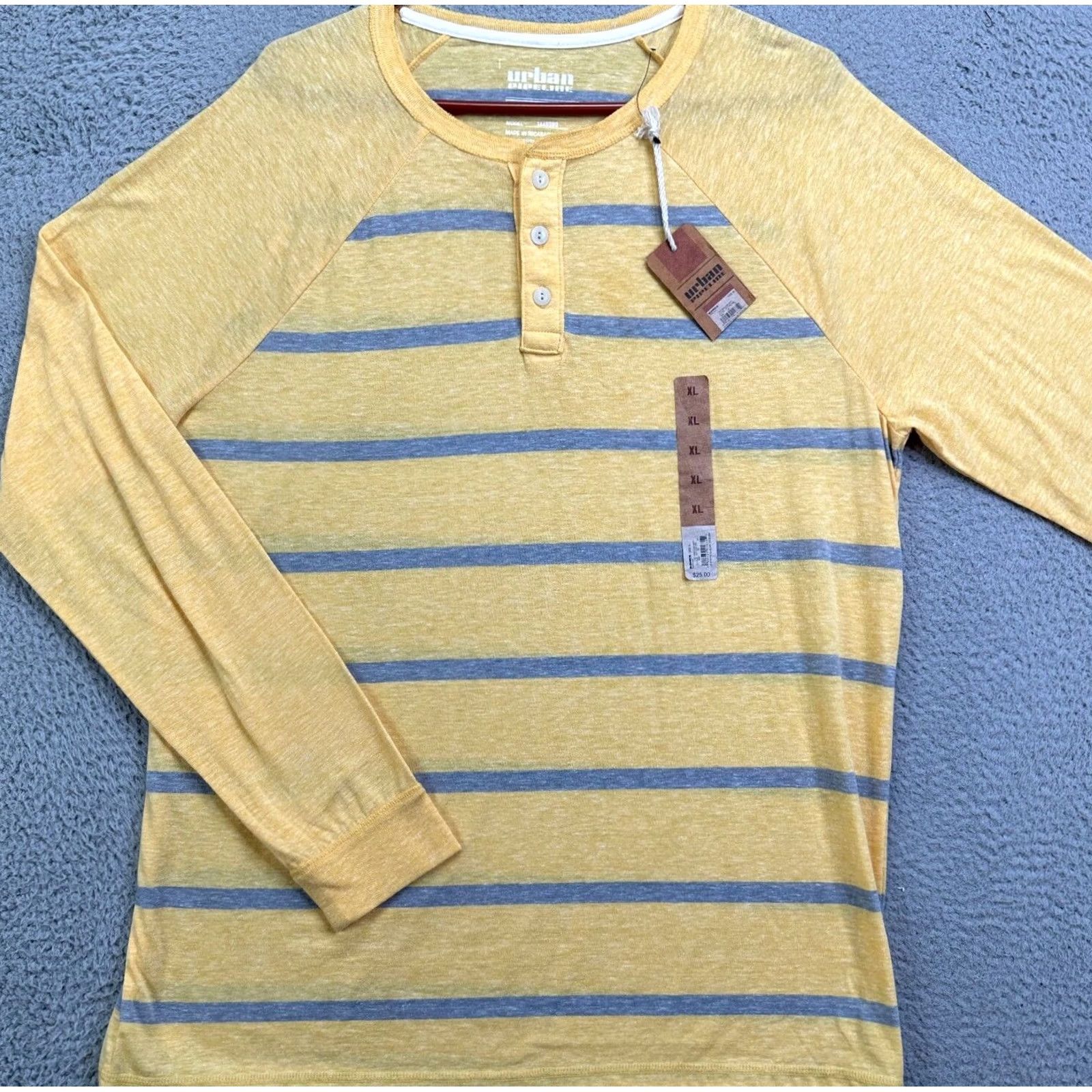 Vintage Urban Pipeline Henley Shirt Adult XL Yellow Grey Stripe Long Sleeve Tee Mens NEW Size US XL / EU 56 / 4 - 5 Thumbnail