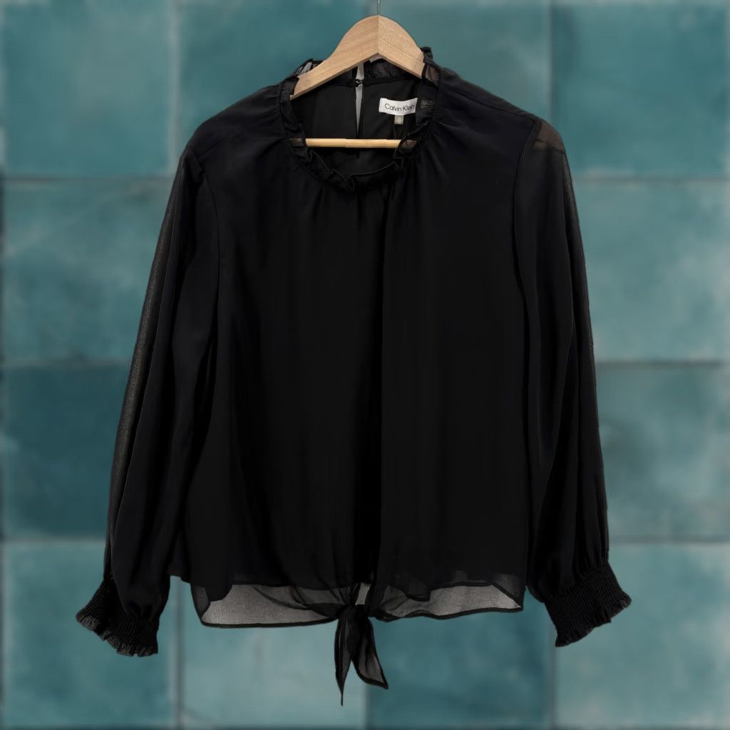 Calvin Klein Calvin Klein Blouse Womens XL Black Chiffon High Neck Ruffle Balloon Sleeve Size XL / US 12-14 / IT 48-50 - 1 Thumbnail