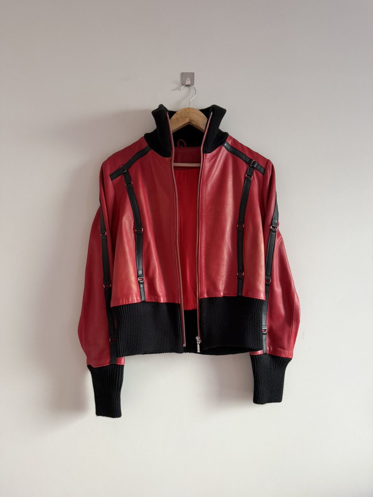 Japanese Brand Red Leather Jacket High Neck Pearl Sheen Strap Detail Size S / US 4 / IT 40 - 1 Thumbnail