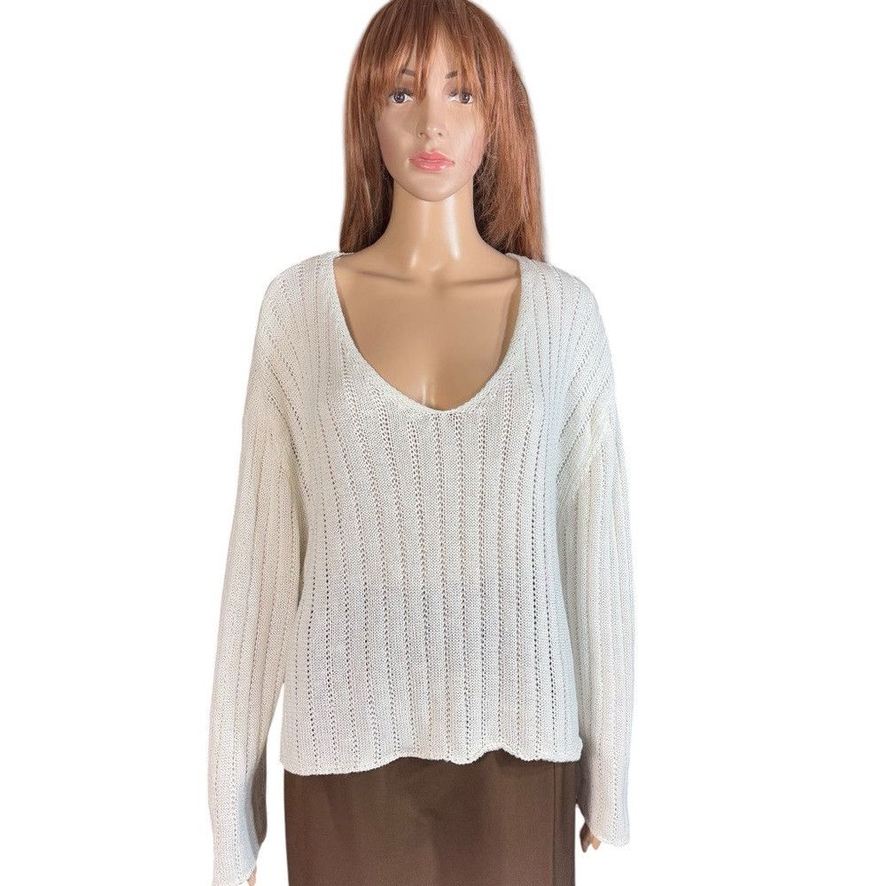 Zara Zara Linen Blend V-Neck Knit Ivory Sweater Size L Size L / US 10 / IT 46 - 1 Thumbnail