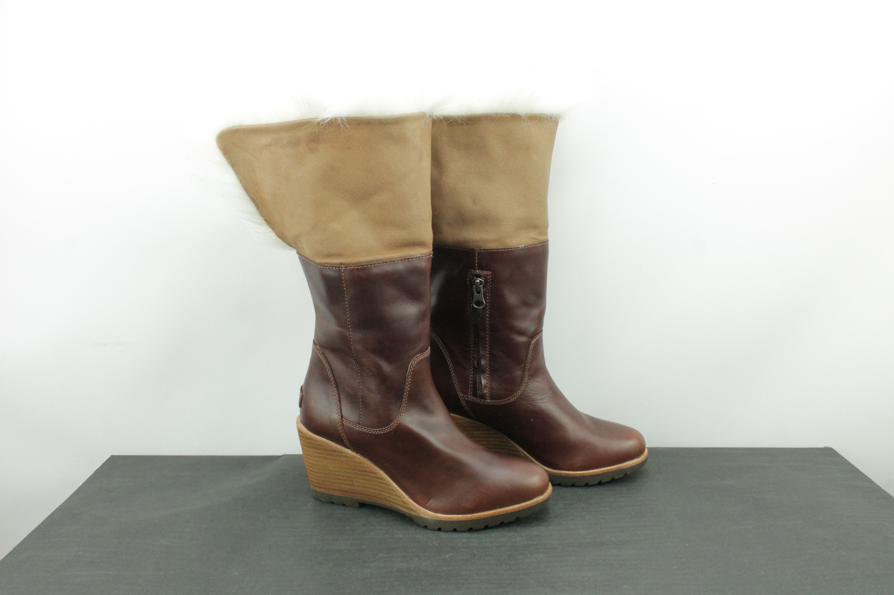 SOREL Sorel Park City Lux Brown Leather Wedge Booties Faux Fur Size US 8 / IT 38 - 5 Thumbnail