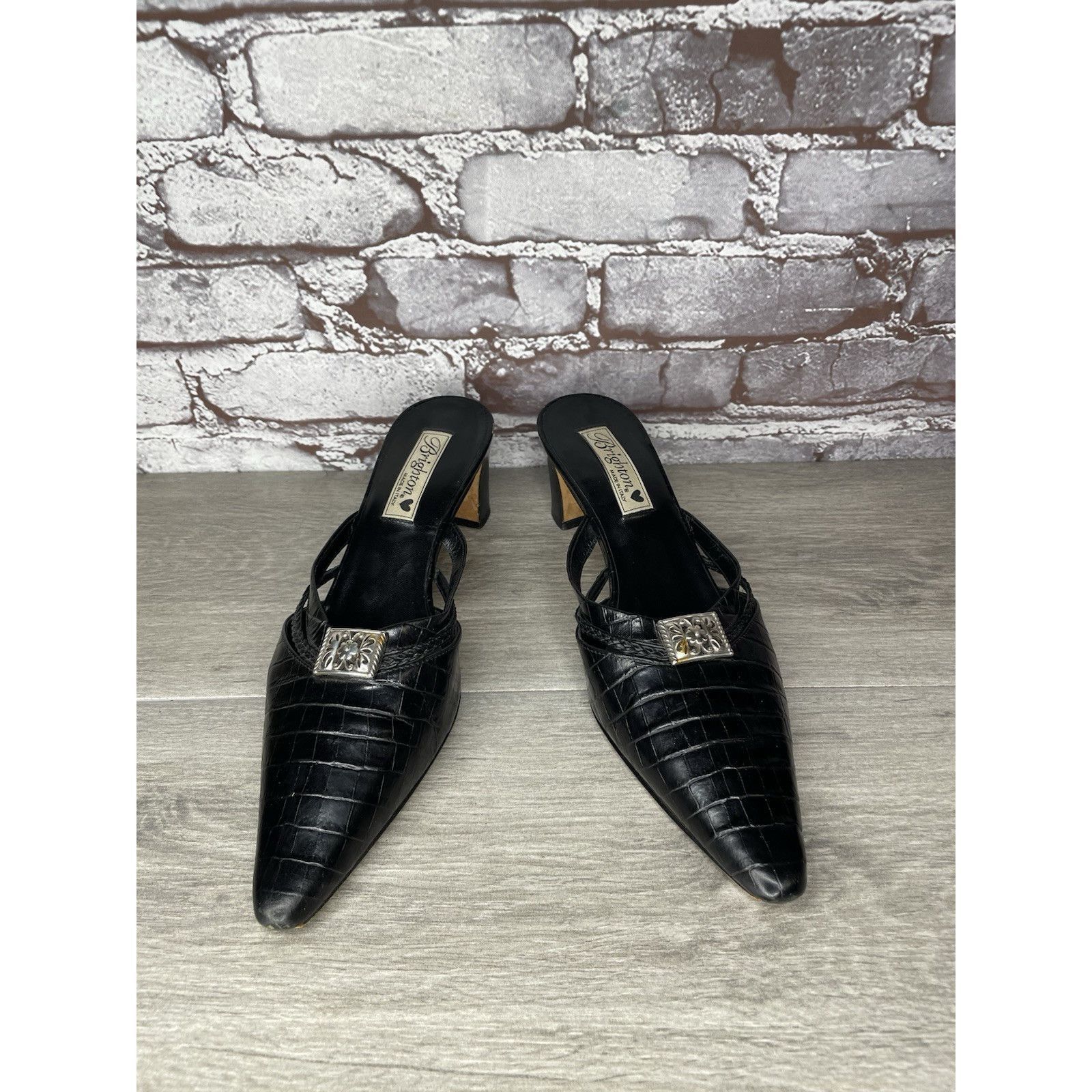 Brighton Brighton Black Leather Croc Embossed Mules Slides Sandals Wo Size US 9.5 / IT 39.5 - 8 Thumbnail