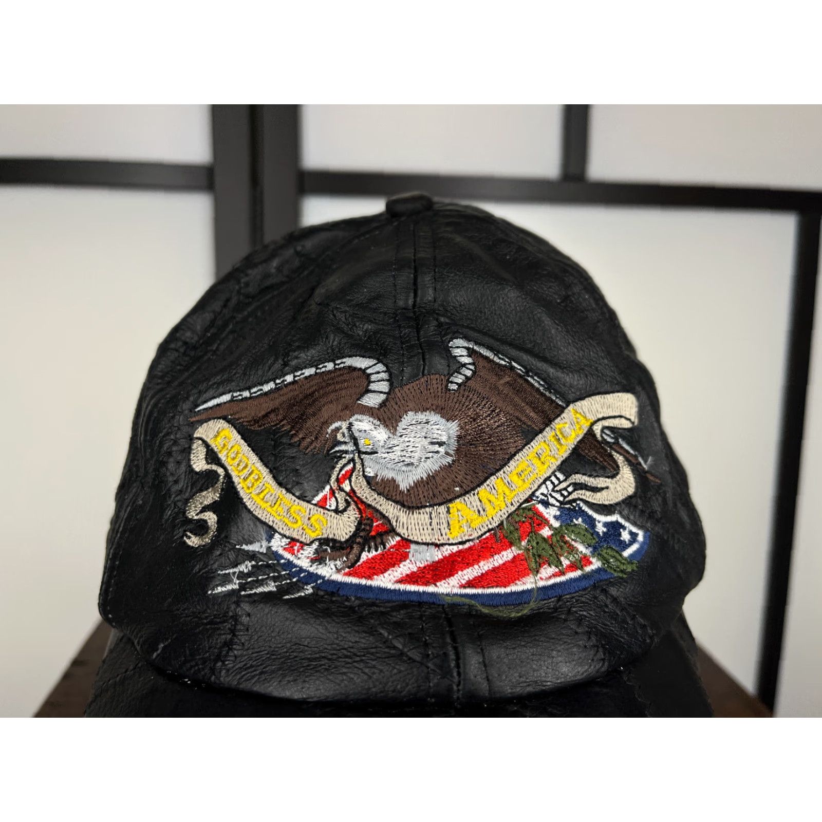 Vintage VINTAGE God Bless America Hat Cap Strap Back Adult One Size Black Leather 70s USA 80s 90s Classic Baseball Cap Mens Size ONE SIZE - 2 Thumbnail
