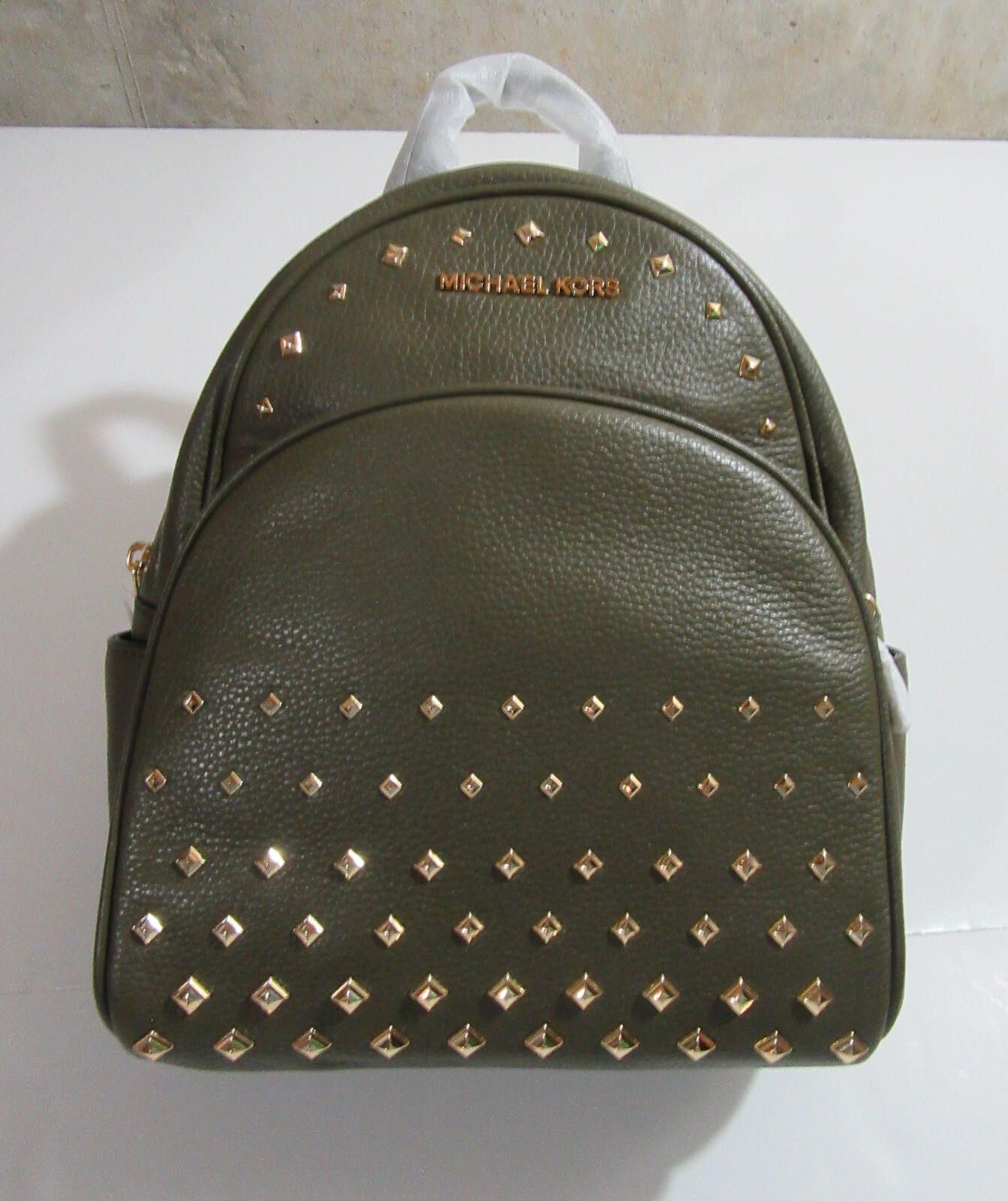 Michael Kors Abbey Leather Medium Studded Backpack Olive NEW