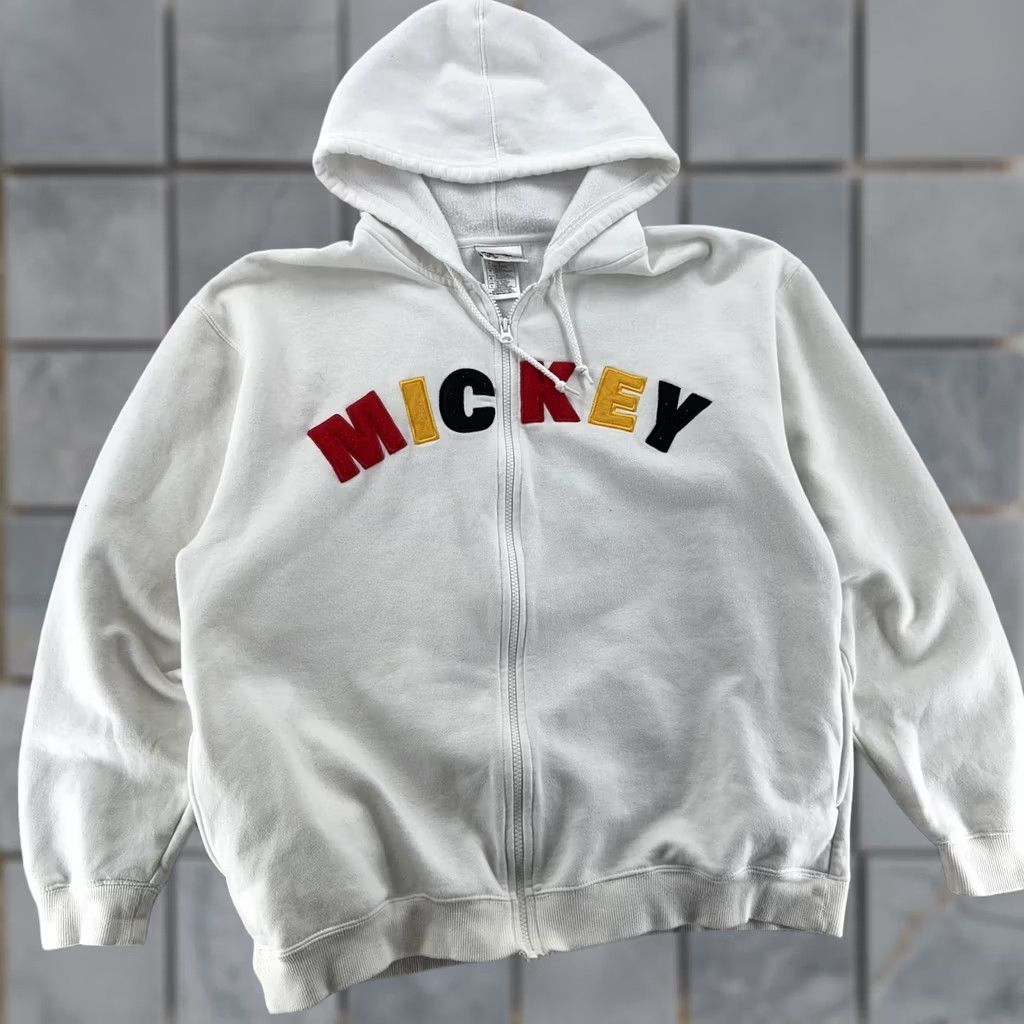 Disney Walt Disney World Hoodie Mickey Mouse Embroidered Full Zip Bomber Jacket Mens Medium White Cotton Polyester Lined Pockets Hooded Zip Front Size US M / EU 48-50 / 2 - 1 Thumbnail