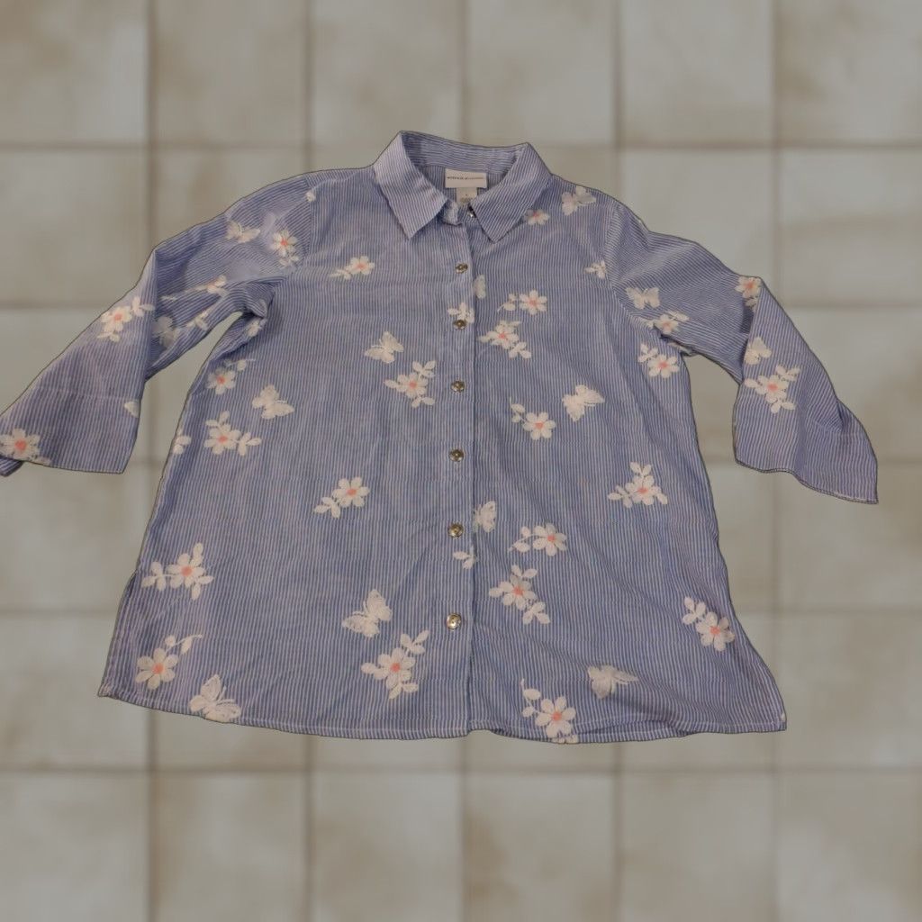Vintage Alfred Dunner Button-Up Shirt Womens Small Blue Striped Embroidered Knit Polyester Spandex Long Sleeve Casual Size S / US 4 / IT 40 - 1 Thumbnail