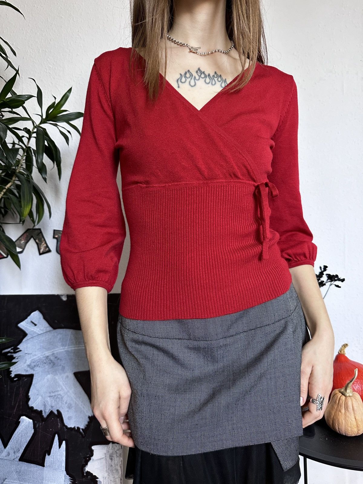 Japanese Brand × Vintage Red Autumn Retro Knitted 3/4 Wrap Sweater Pullover Size M / US 6-8 / IT 42-44 - 4 Thumbnail