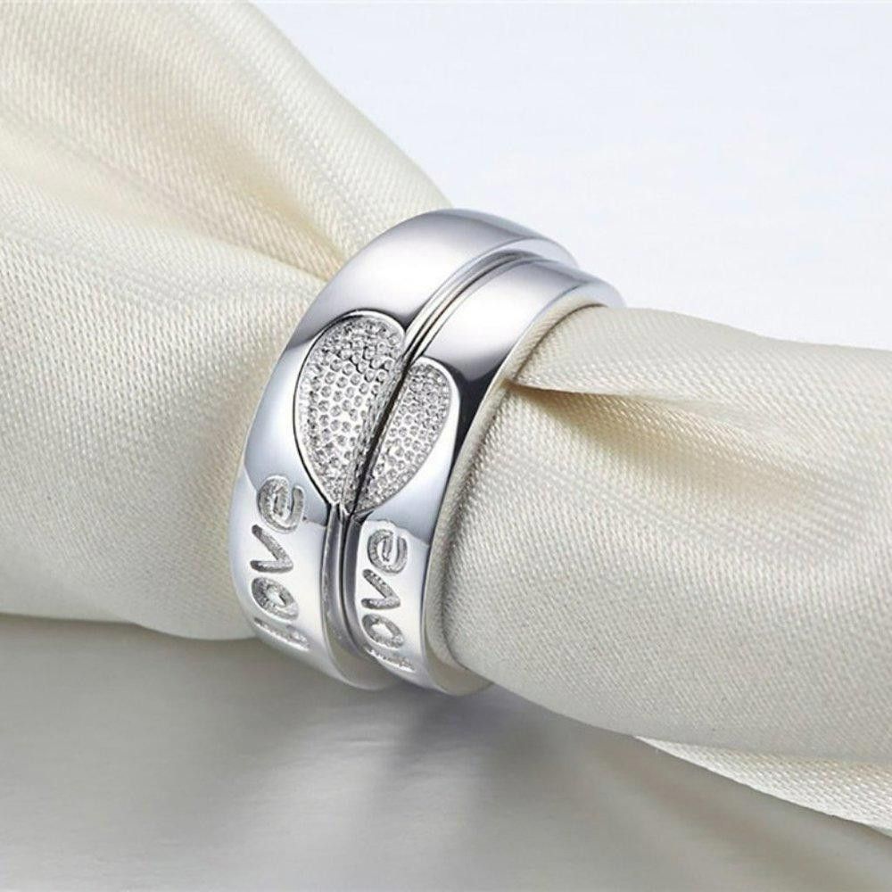 Designer 2pcs Sterling Silver Matching Heart Love Open Couple Rings Size ONE SIZE - 3 Thumbnail