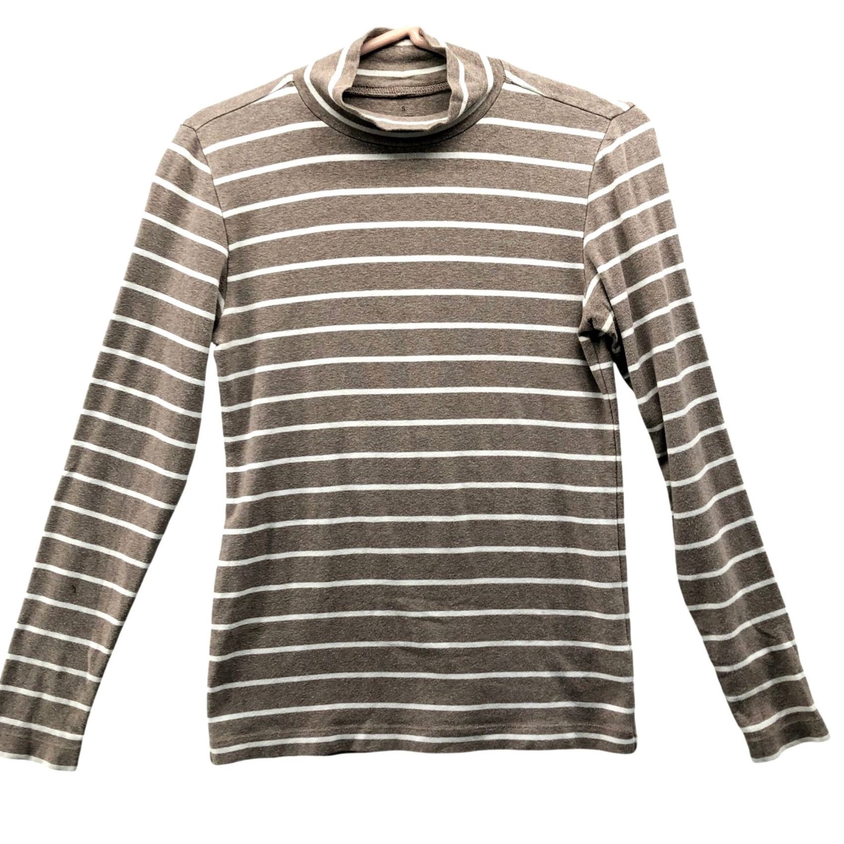 Muji Muji Mock Neck T Shirt Womens S Long Sleeve Striped Light Brown White Stretch Size S / US 4 / IT 40 - 2 Thumbnail