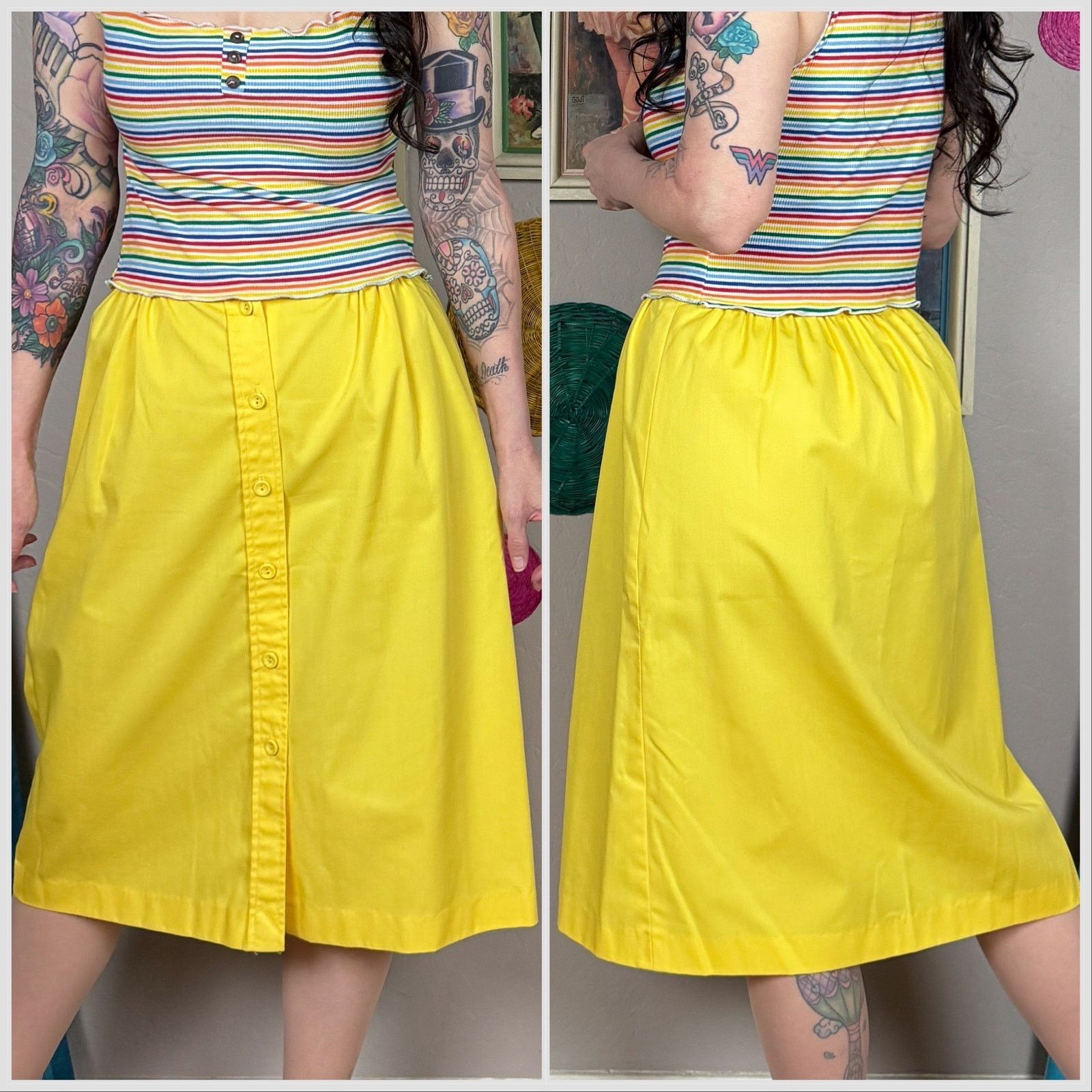 Vintage Vintage 1970s Yellow Cotton Button Front Skirt Size 26" / US 2 / IT 38 - 3 Thumbnail