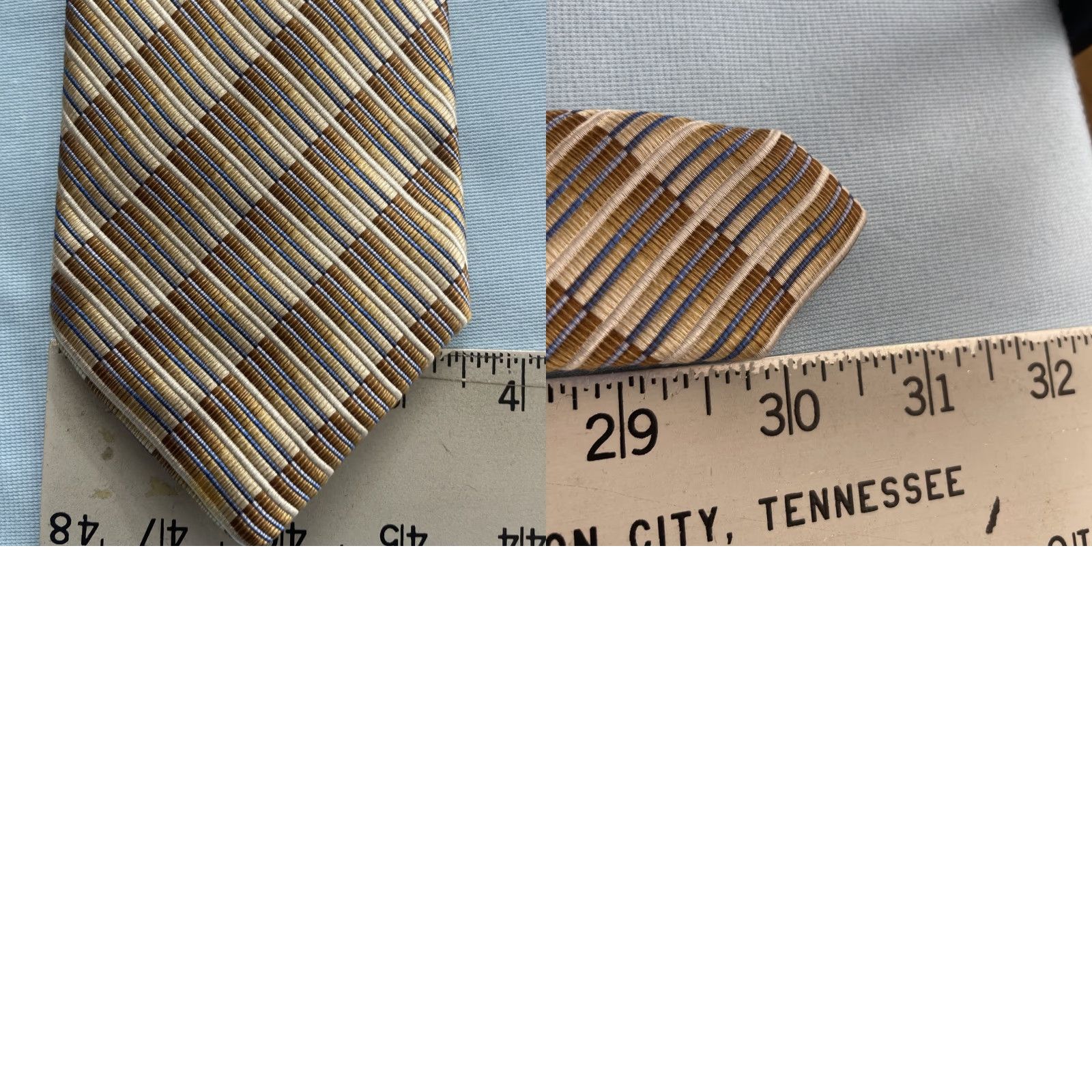 Vintage Pavone Tie Geometric Ribbed Woven Silk ITALY Vintage 3.5x61" Brown Cream Blue Mens Width 3.5" 1990s Signature Statement Size ONE SIZE - 11 Thumbnail