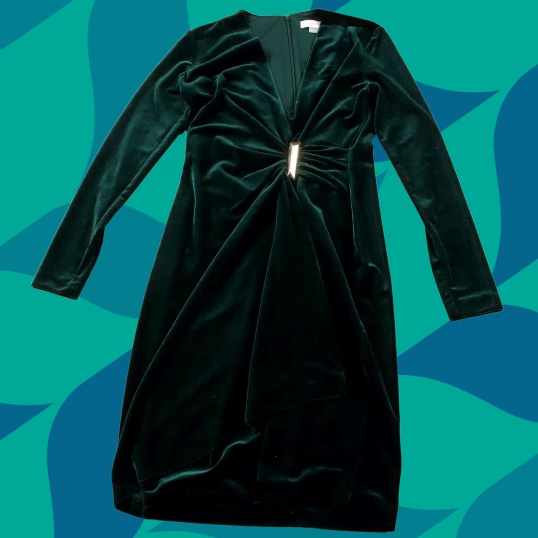 calvin klein green velvet dress VINTAGE deep v neck bodycon sz 4 Night knee-length Womens emerald green dress