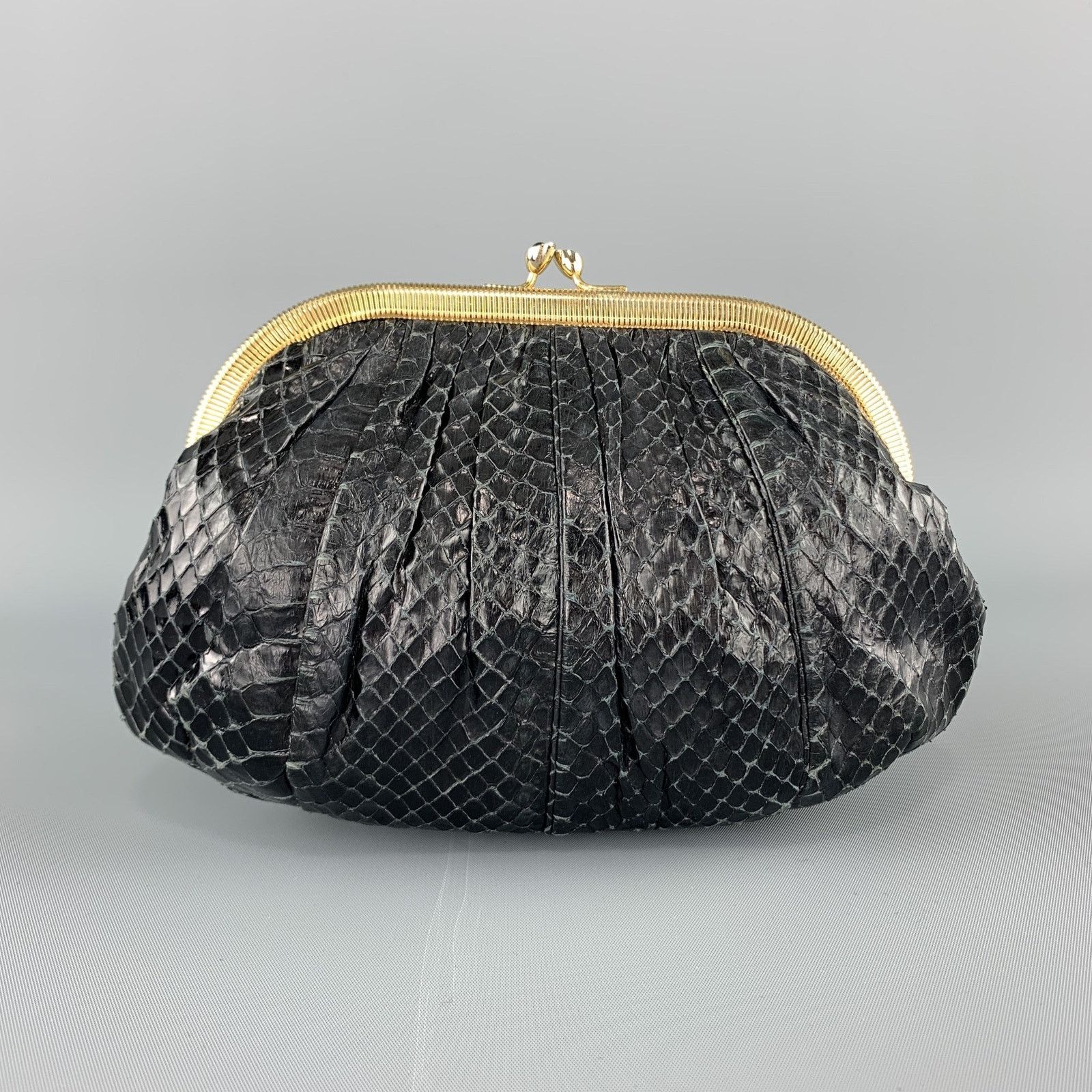 Judith Leiber JUDITH LEIBER Ruched Black Snake Skin Evening Clutch Handbag Size ONE SIZE - 1 Thumbnail