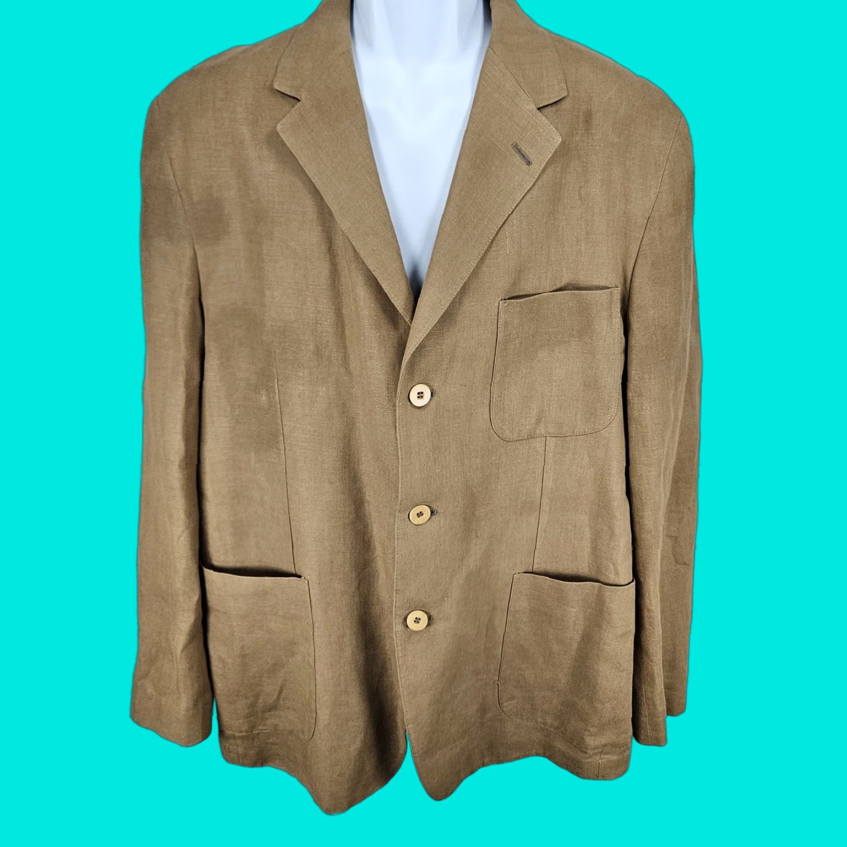 VINTAGE Barry Bricken Weekend Brown 100% Linen Sport Coat 42R Blazer Notch Lapel 3-Button Vented Shirt Jacket Mens