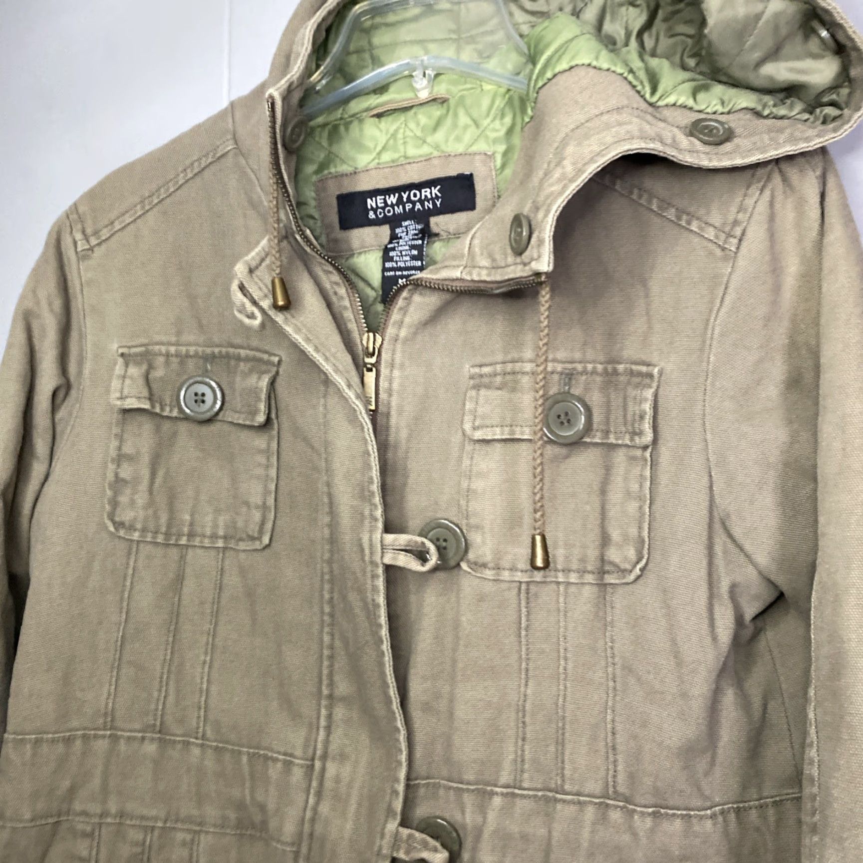 CO New York & Co Jacket Womens Medium Olive Green Hooded Quilted Lined Coat 20x27 Size M / US 6-8 / IT 42-44 - 2 Thumbnail