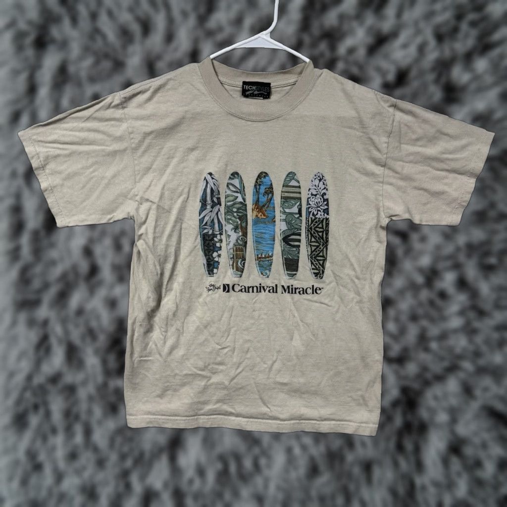 Vintage VINTAGE Techstyles Sportswear Carnival Miracle T-shirt M The Fun Ship Artsy Surfboard Skater Cruise Beach Mens T-Shirt Beige Cotton Graphic Print Size US M / EU 48-50 / 2 - 1 Thumbnail