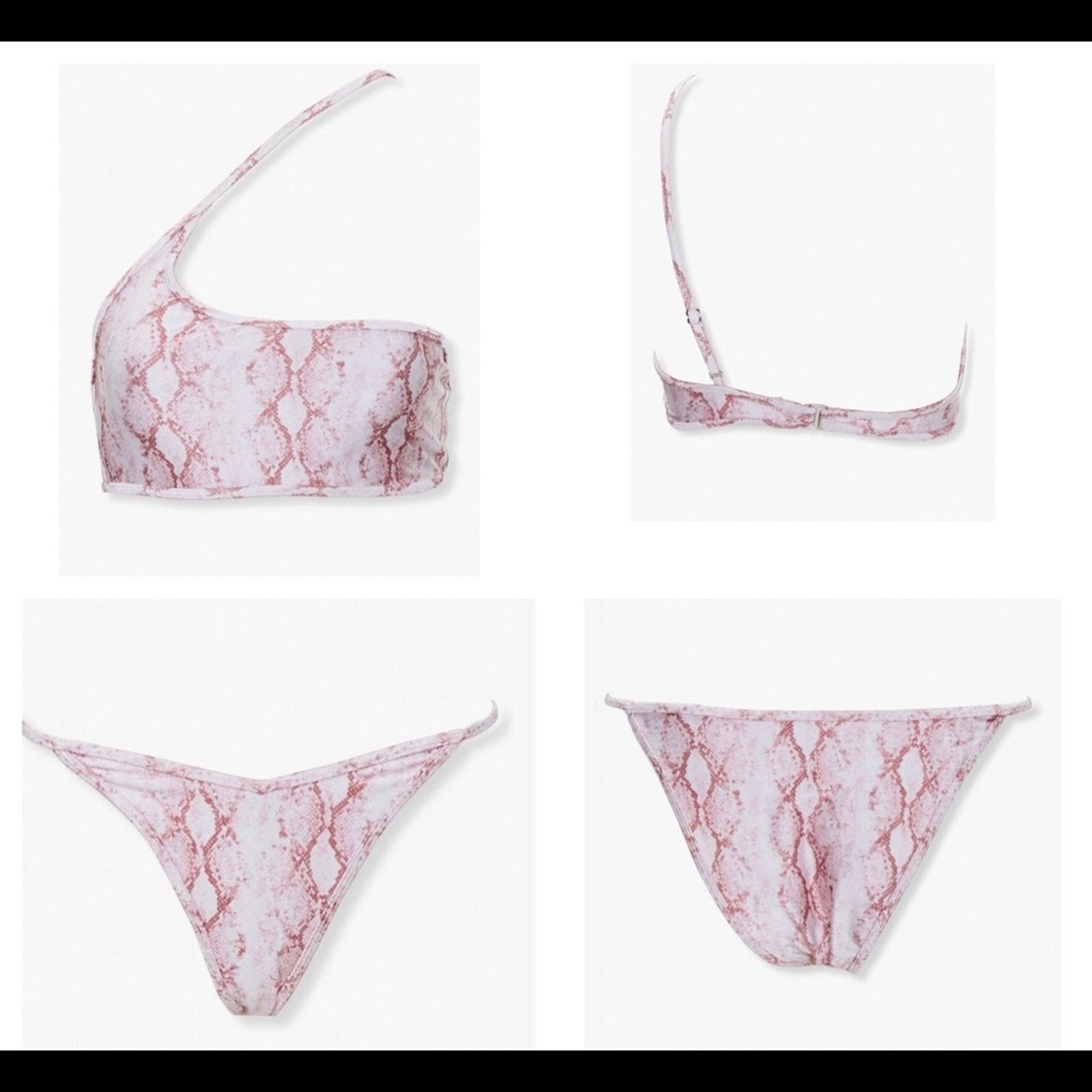 Forever 21 NWT White Rose Pink Snakeskin Print Bikini Set One Shoulder Size S / US 4 / IT 40 - 3 Thumbnail