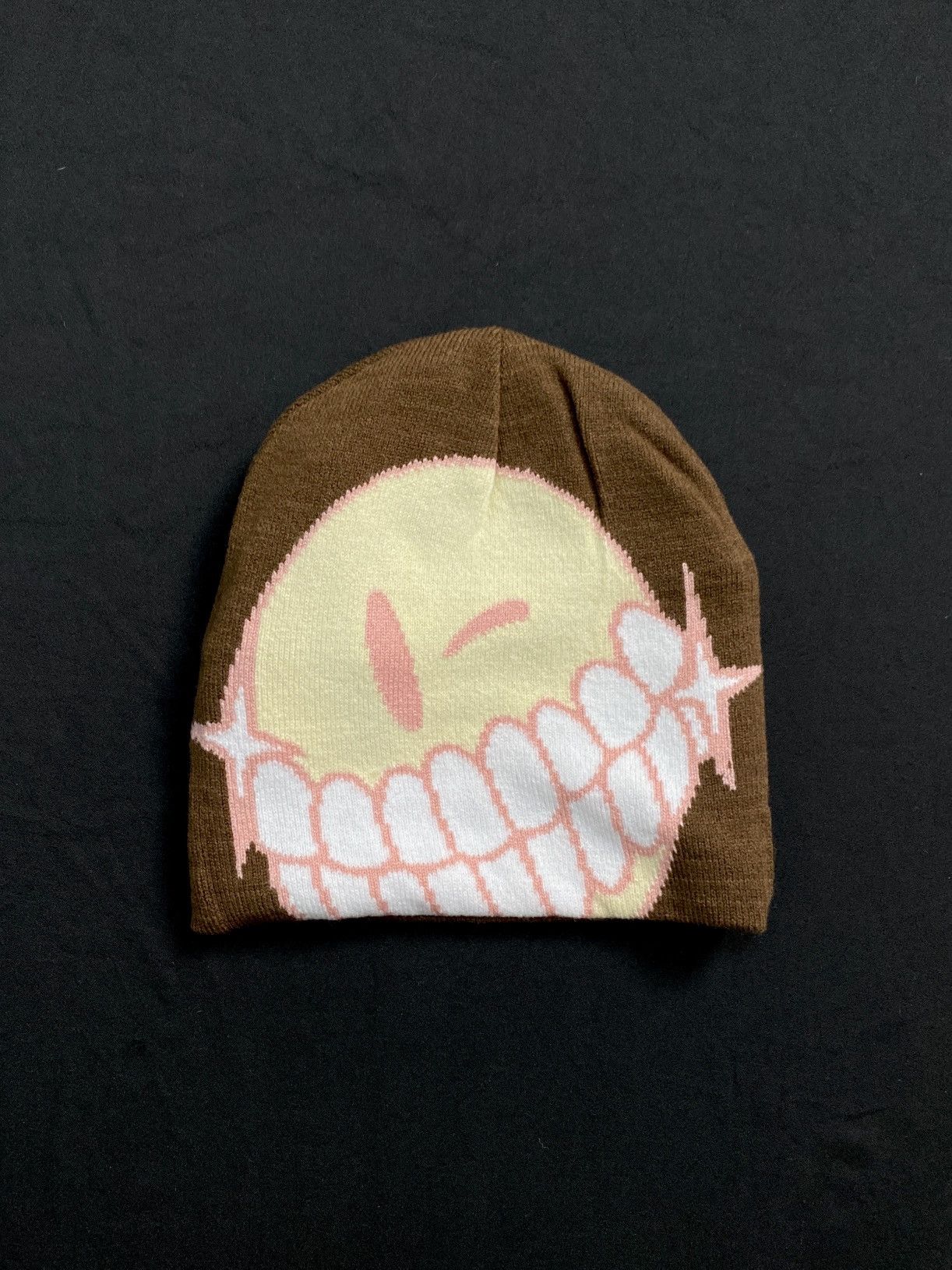 Japanese Brand Throwed Emoji Smiley Graphic No Cuff Brown Beanie Hats OS Size ONE SIZE - 1 Thumbnail