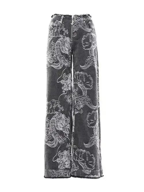 Japanese Brand Black Baggy Jeans Women Streetwear Dragon Print Size 30" / US 8 / IT 44 - 5 Thumbnail