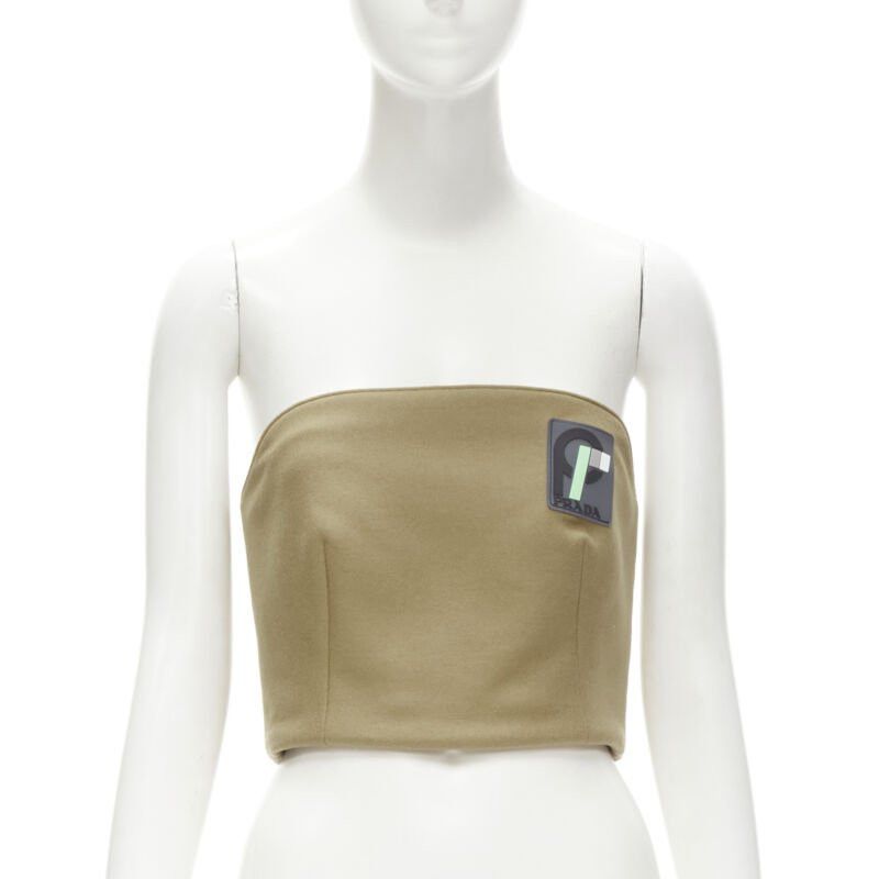 Prada PRADA 2018 Runway brown Sports Logo rubber badge wool strapless bustier S Size S / US 4 / IT 40 - 1 Thumbnail